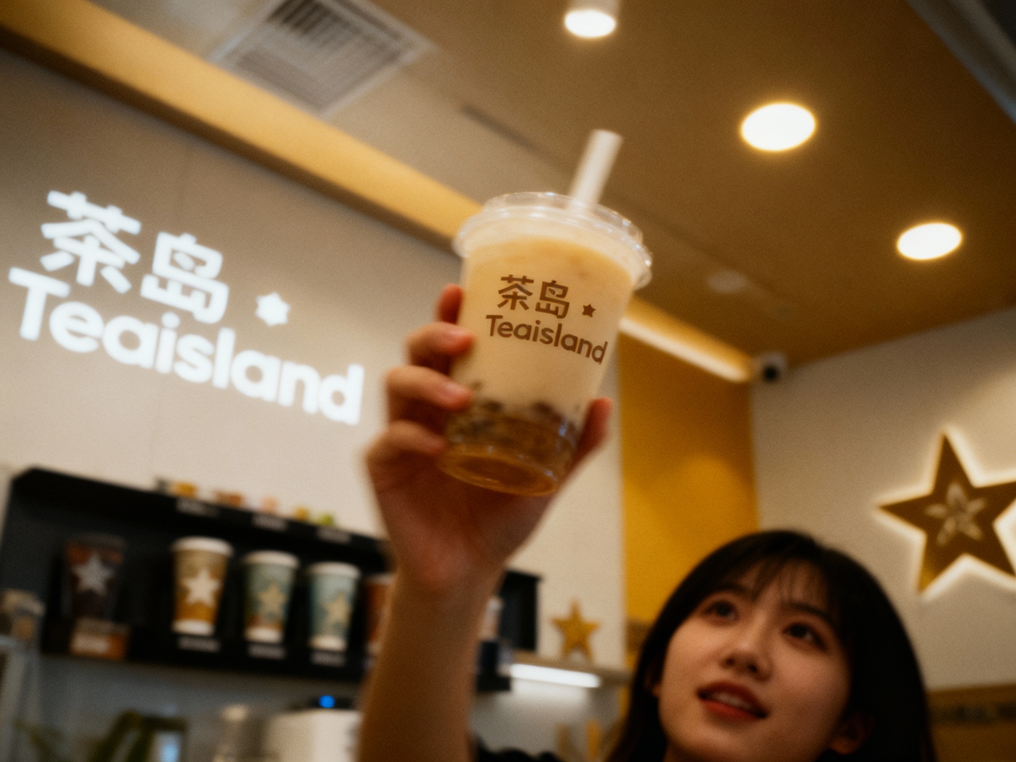 设计社交分享场景图，顾客手持带有（将参考图中的LOGO）的奶茶拍照，奶茶店场景中（将参考图中的LOGO）融入装修或物件，场景抓拍，独特的拍摄角度，非对称，动态模糊，低光环境，意境，自然色彩，丰富层次感，细腻画质，真实，光影变幻，虚化柔和过渡，胶片质感，电影质感，大师作品，光影自然，突出品牌时尚感和年轻气质。