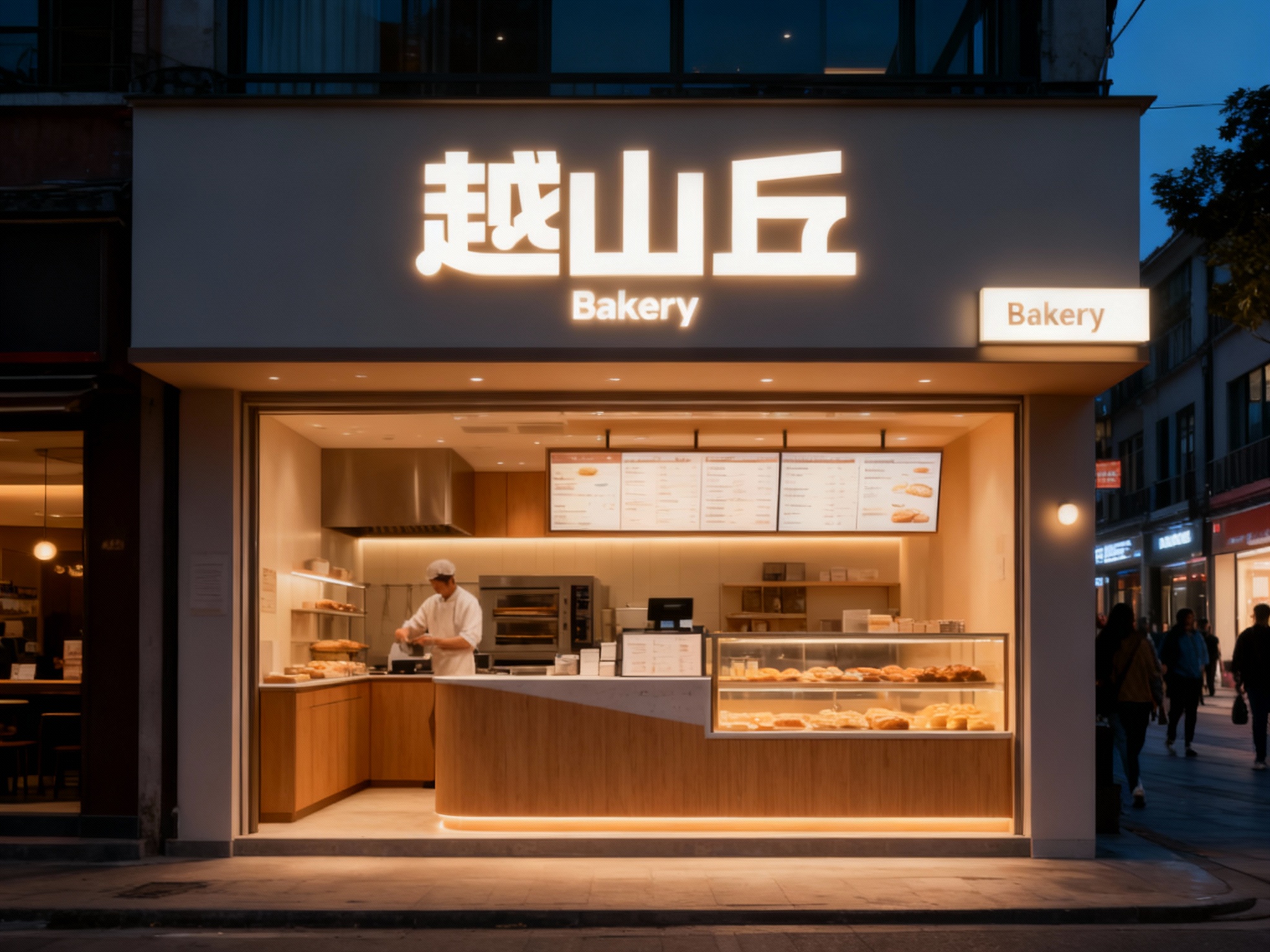 设计夜景门头及灯箱效果图，（将参考图中的LOGO）光亮温暖，烘焙店的内部场景#品牌主色，上方有发光的（将参考图中的LOGO）标识，下方是烘焙制作区域和展示柜，柜台上有菜单，整体装修风格#品牌主色现代，灯光温暖 ，街区环境和路人自然呈现。