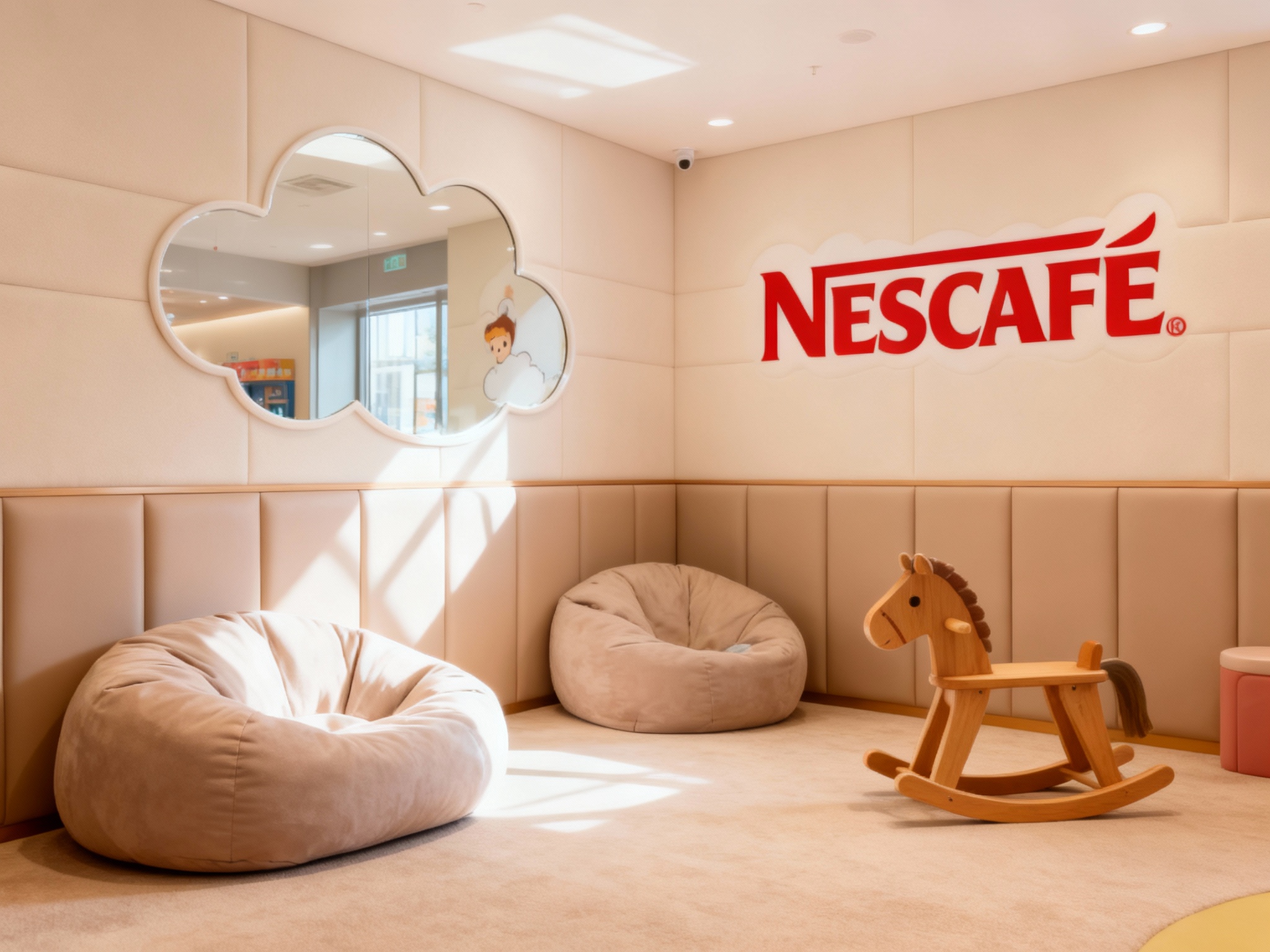 生成店内亲子互动区或休息区场景。设计采用全软包的墙面和地面，放置着设计感极强的懒人沙发和木马。墙面上设计了云朵形状的镜子。（智能提取参考图中的LOGO主体并去除原背景）作为墙面装饰的一部分，融入卡通元素。光线模拟自然光，明亮通透，展现高端亲子空间的舒适与安全。
