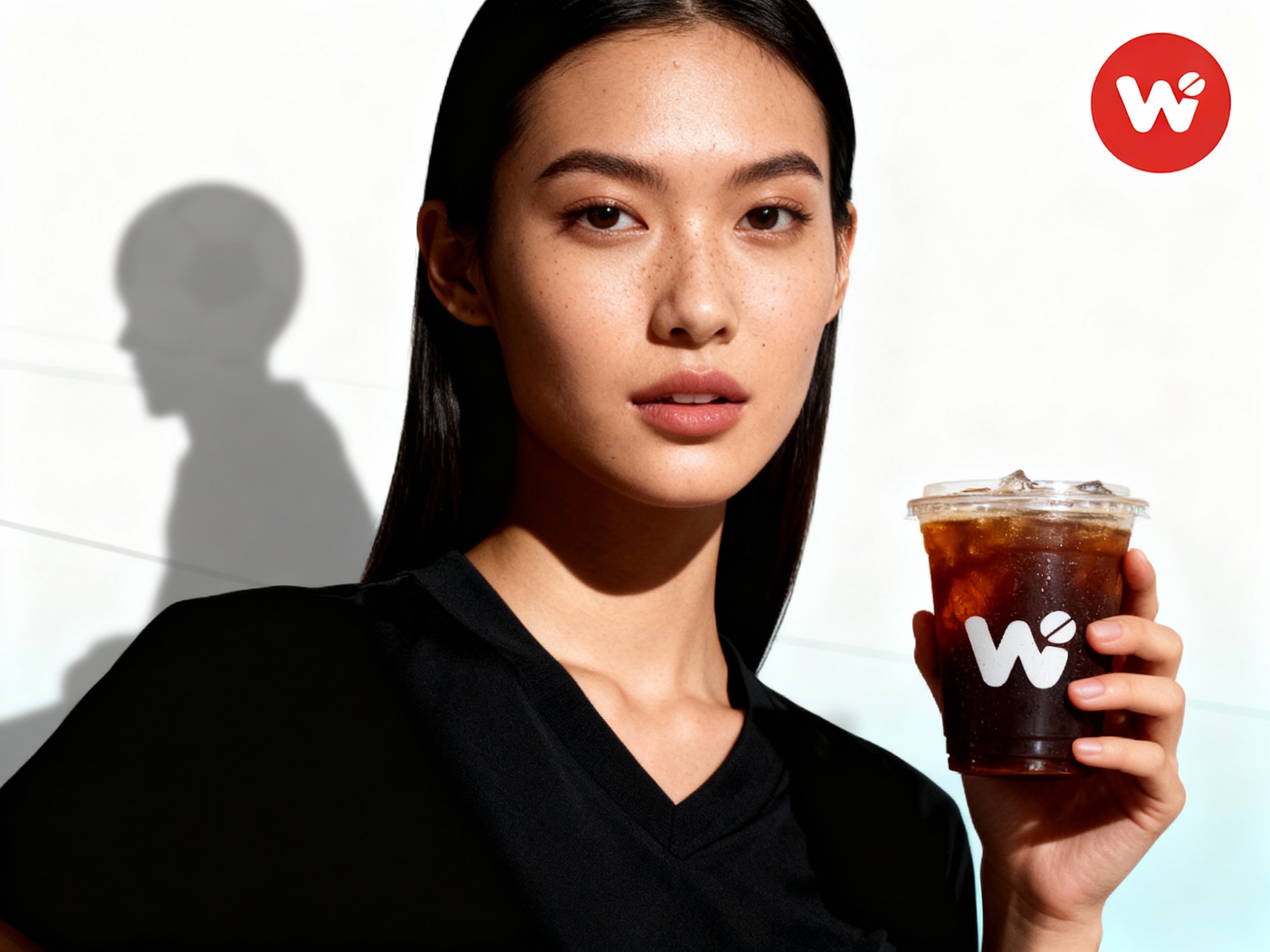 设计品牌海报，时尚剪影摄影风格,时尚大片,一个女生模特,穿着时尚黑色服装手拿带有（将参考图中的LOGO）的冰美式咖啡，（将参考图中的LOGO）位于左上角或右上角（根据实际情况设置），清晰的毛孔,肌肤真实细节,产品剪影,品牌色向白色渐变背景,特写镜头,平视视角,高清分辨率,高细节,背景中加入足球元素的剪影或线条，增强品牌的运动感与时尚感。