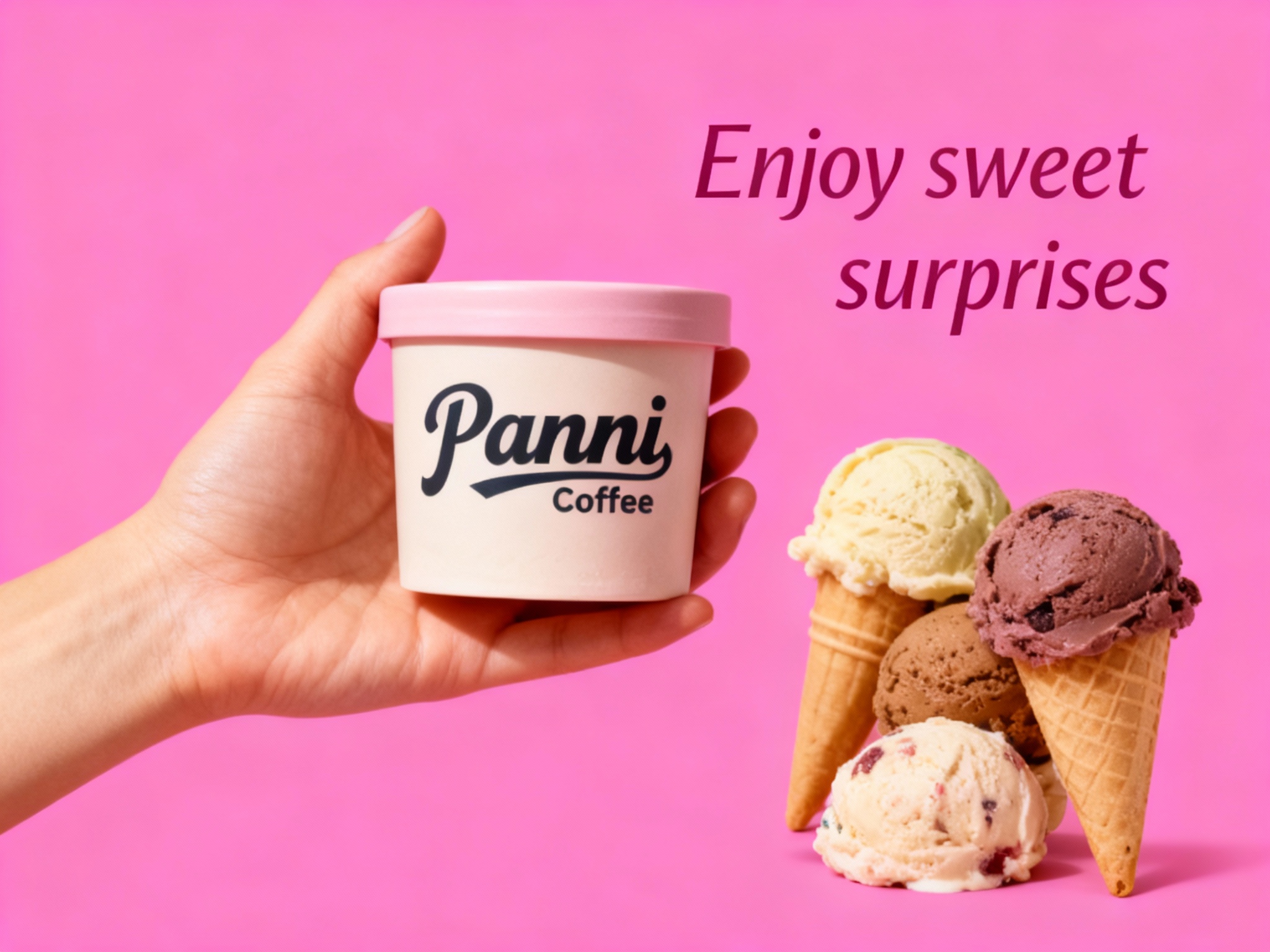 冰淇淋门店促销海报，以提供的主色 {主色} 为背景底色，奠定温暖且具质感的视觉基调。画面核心视觉为一只肤色自然的手，拿着一盒哑光质感的品牌色（将参考图中的LOGO）在冰淇淋盒上清晰可见，几颗不同色彩口味的意式冰淇淋球，手和冰淇淋筒比例协调，冰淇淋筒体简约无装饰，与背景形成鲜明色彩呼应，成为视觉焦点。海报上方，右侧用轻盈的英文书写 “Enjoy sweet surprises” ，营造轻松邀请氛围 。文字排版规整，信息清晰易读，整体风格简约直接，精准传递冰淇淋门店温馨、美味且注重品质的品牌形象 。