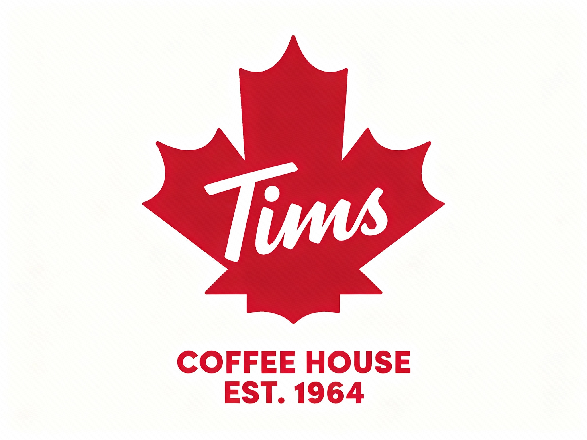 根据（将参考图中的LOGO）和提示词给到的主色调,生成纯色背景的平面LOGO展示,高清分辨率,高细节,背景为纯白色,LOGO位于画面中央,突出红色枫叶与白色手写体 'Tims' 的对比。