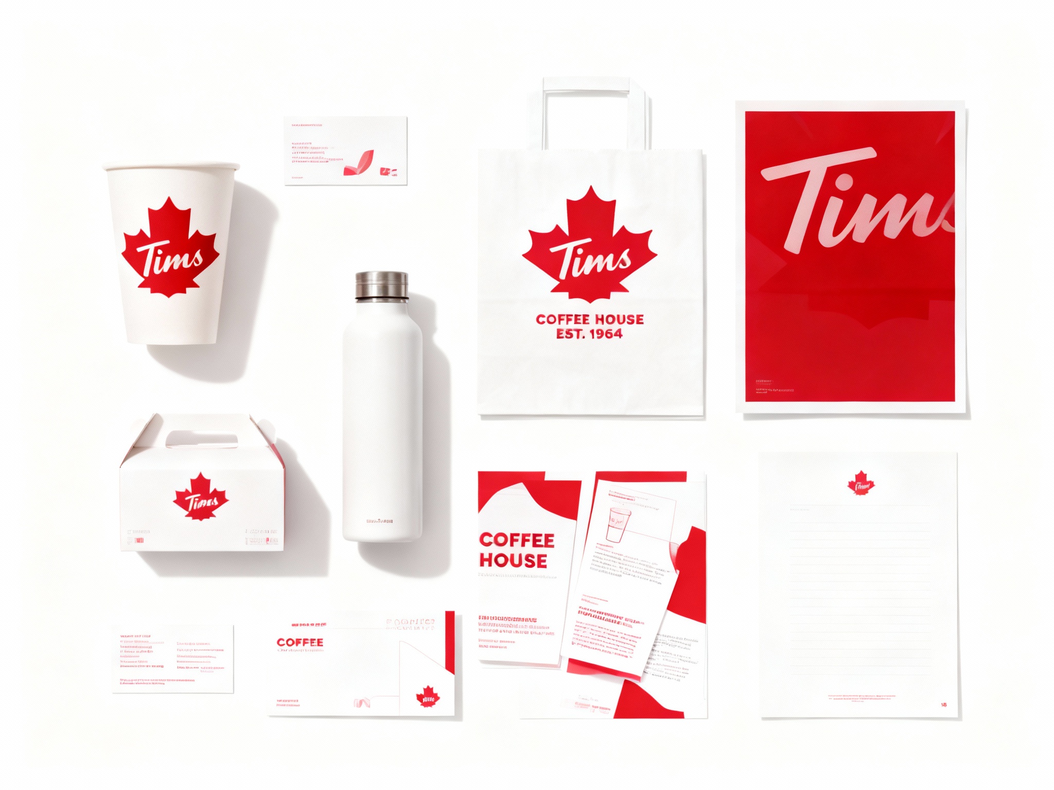 生成咖啡产品展示图，品牌VI展示，它包括纸质杯、外带袋、水杯、纸盒、印刷海报、名片、小册子、信纸设计、纯色、简单的背景、平面布局和极简美学、高分辨率摄影、高质量细节、顶级商业表现形式延续品牌色调，（将参考图中的LOGO 保持一致不要出现变形）在相应载体上合理呈现，突出饮品质感与品牌形象，纸质杯采用红色枫叶图案，外带袋为白色底红色LOGO。