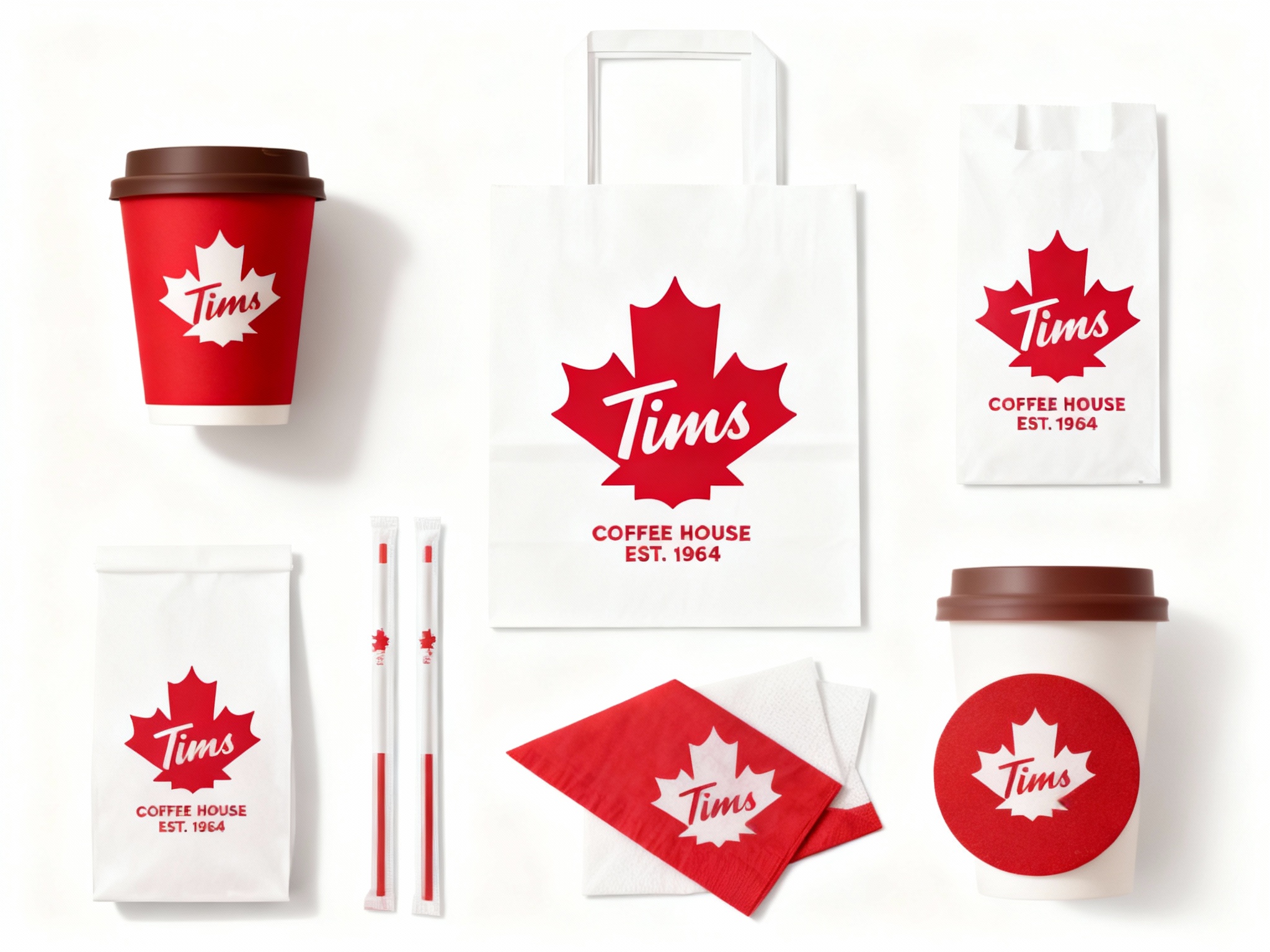 设计咖啡产品平铺拍摄图，包含纸杯、手提袋、打包袋、吸管包装、餐巾纸、杯垫等，（将参考图中的LOGO）在各产品上清晰展示，色彩统一，光影柔和，呈现高级整洁感，纸杯为红色枫叶图案，手提袋为白色底红色LOGO，餐巾纸为红色枫叶图案。