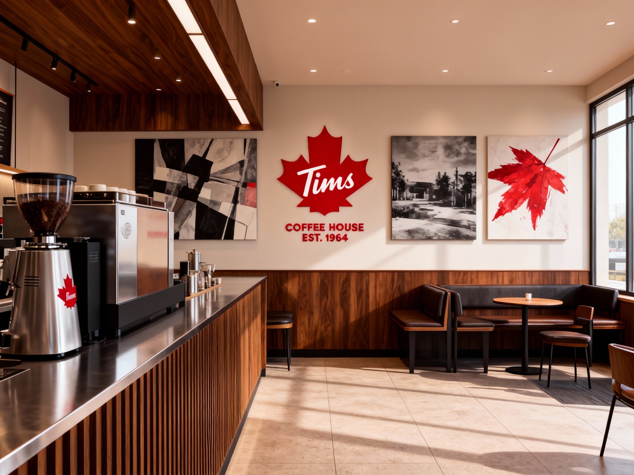 设计店内空间效果图，展示吧台、座位区、墙面装饰高级抽象插画或黑白摄影，运用黑胡桃木搭配银色不锈钢材质（将参考图中的LOGO）融入场景装修或物件中，光线温暖自然，突出空间舒适感与现代质感，墙面装饰可选用红色枫叶图案的抽象艺术画。