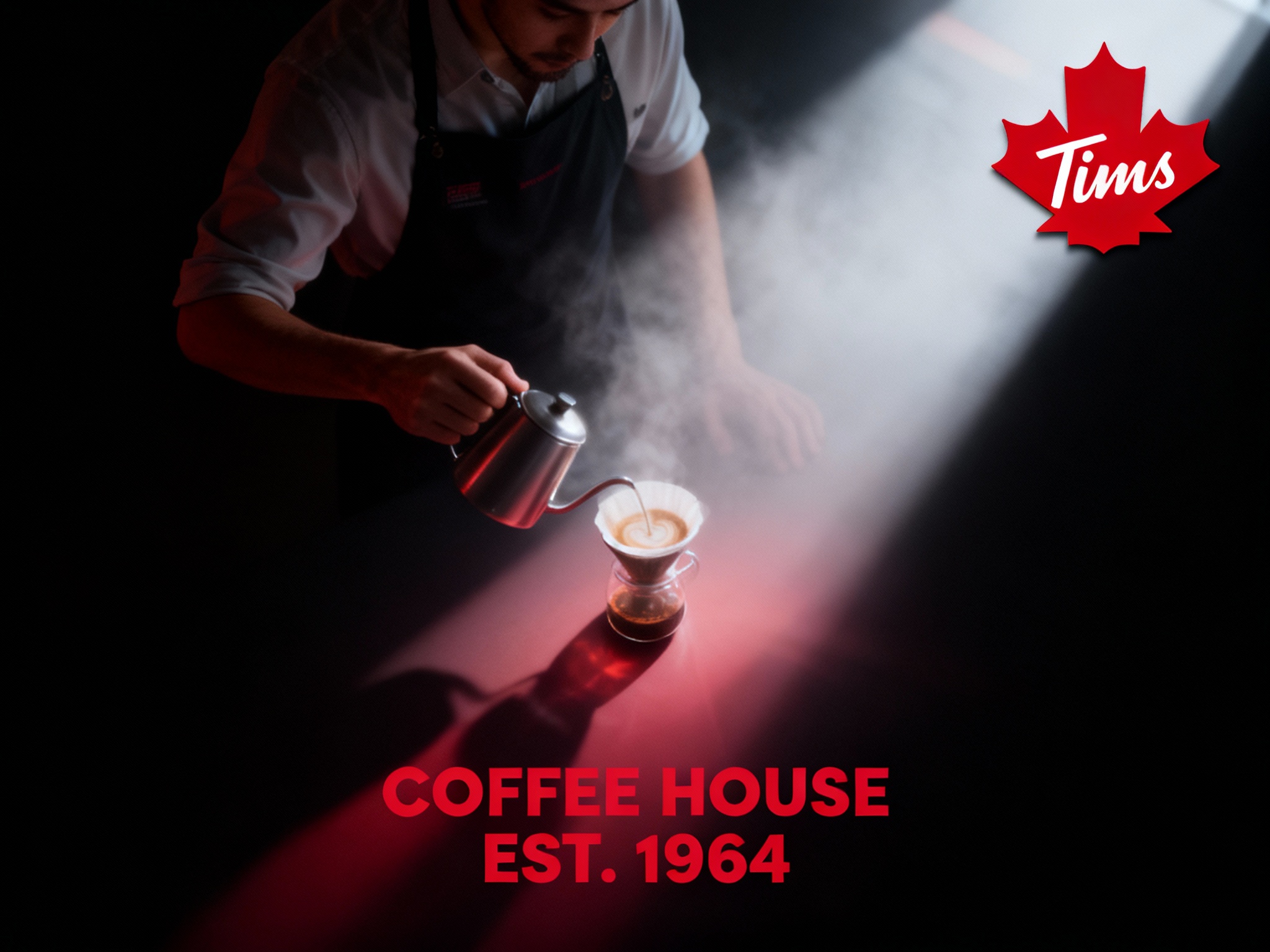 设计品牌宣传海报，画面干净，（将参考图中的LOGO ）位于左上角或右上角（根据实际情况设置），大师作品，电影海报，超高质量，超精细，高级英文排版，摄影，丁达尔光效，朦胧，俯视，远景，极简，简单，极简风格，大面积留白，James Turrell，背景是咖啡师冲泡咖啡的景象，压迫感，超现实主义+极简主义 + 简单色块+ 马卡龙配色+ 摄影艺术 + 细节丰富+ 封面美学 +黑色背景+电影级照明，4k高清，排版简洁有视觉冲击力，符合社交平台分享特性，海报背景为咖啡师冲泡咖啡的场景，使用红色和黑色作为主色调。