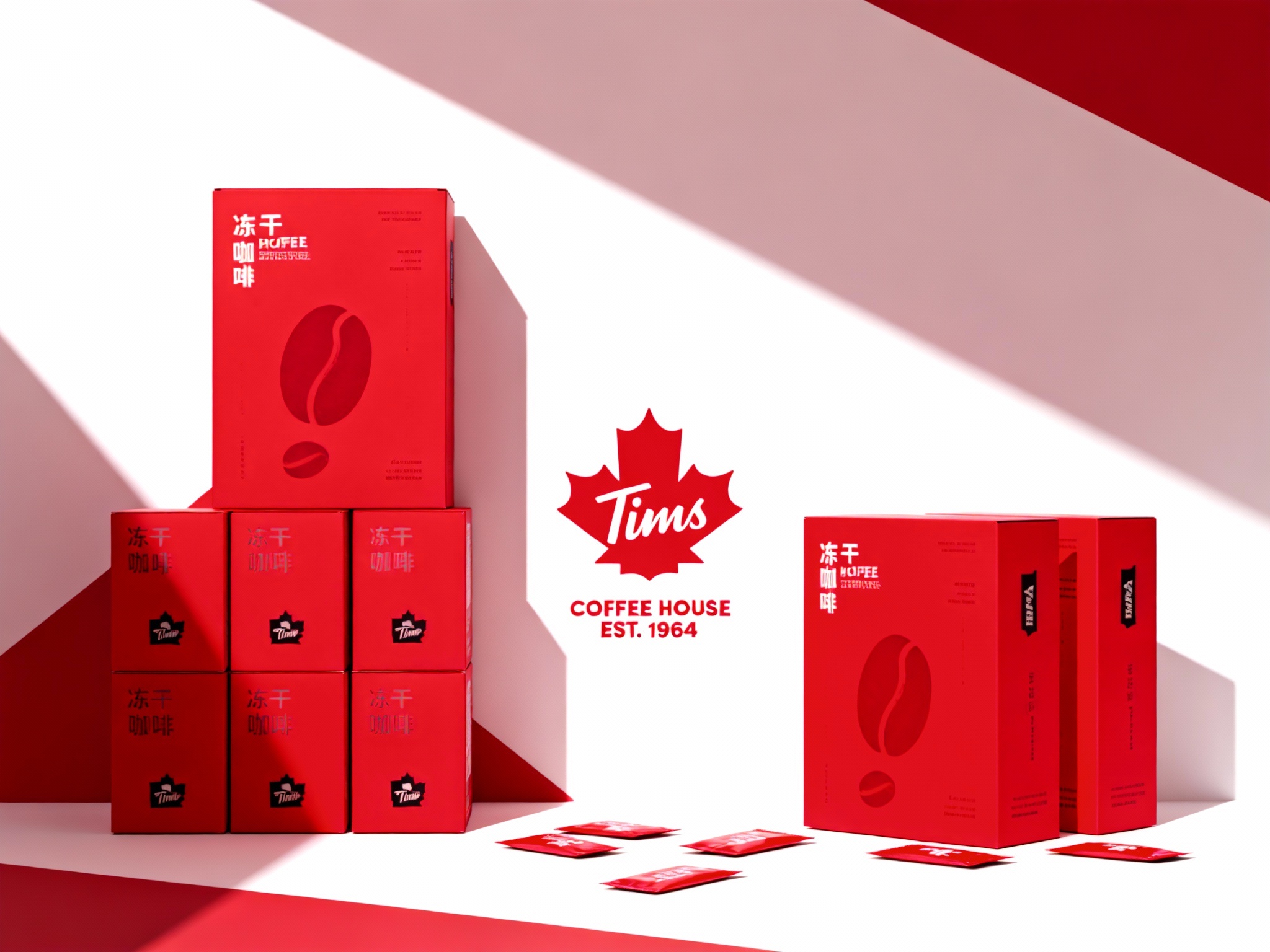 现代简约风格咖啡产品包装展示，（将参考图中的LOGO保持一致不要出现变形）白色背景搭配提供的品牌色（保持提示词的主色）几何色块。画面主体为多个品牌色包装盒，包括大盒（印有白色品牌名称和咖啡豆剪影）、小盒，均印有 “冻干咖啡” 字样和黑色品牌标识。包装盒下方散落着同色系的小包装袋。整体构图采用高低错落的排列方式，光线从左上角斜射，形成清晰的阴影，突出包装盒的立体感和色彩对比，展现产品系列的多样性与品牌视觉统一性。