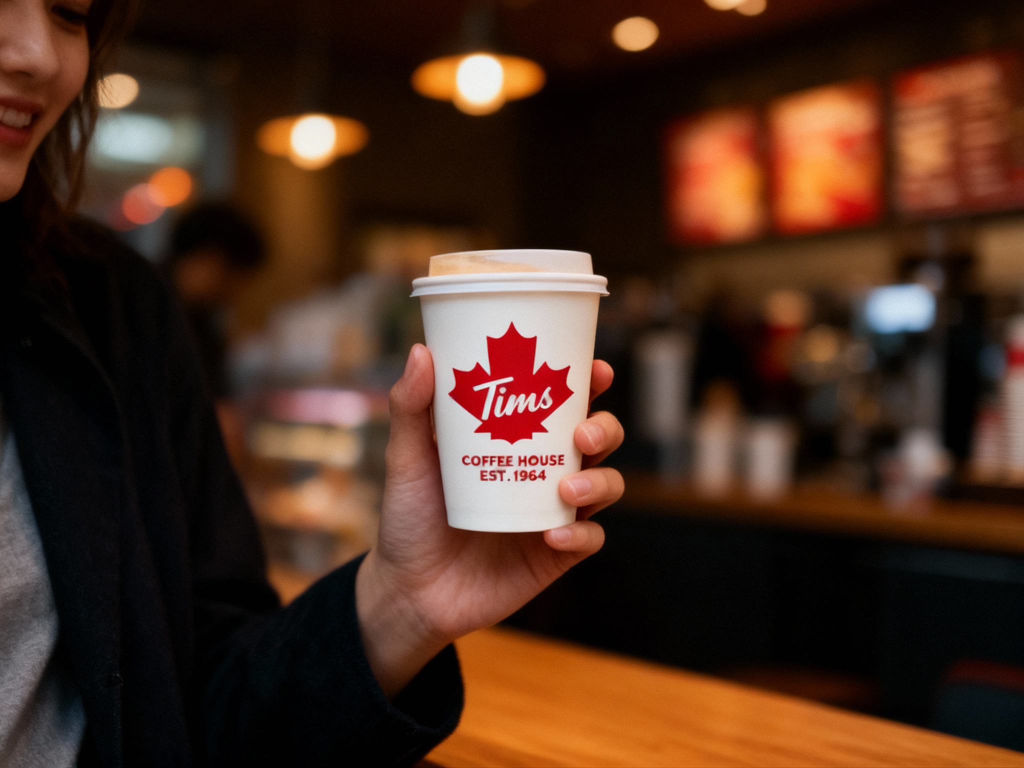 设计社交分享场景图，顾客手持带有（将参考图中的LOGO）的咖啡拍照，咖啡厅场景中（将参考图中的LOGO）融入装修或物件，场景抓拍，独特的拍摄角度，非对称，动态模糊，低光环境，意境，自然色彩，丰富层次感，细腻画质，真实，光影变幻，虚化柔和过渡，胶片质感，电影质感，大师作品，光影自然，突出品牌时尚感和年轻气质，顾客手持红色枫叶图案的咖啡杯，背景为店内温馨的灯光。