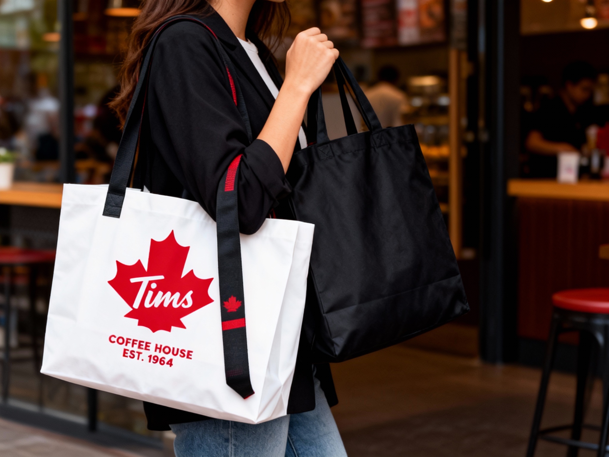 一个人背着黑色手提袋，品牌色肩带点缀（将参考图中的LOGO保持一致性不要变形）在手提袋上清晰可见，营造时尚、有品牌标识性的氛围，可展示潮流品牌的手提袋设计及实际使用效果，手提袋为白色底红色LOGO，肩带为品牌色。