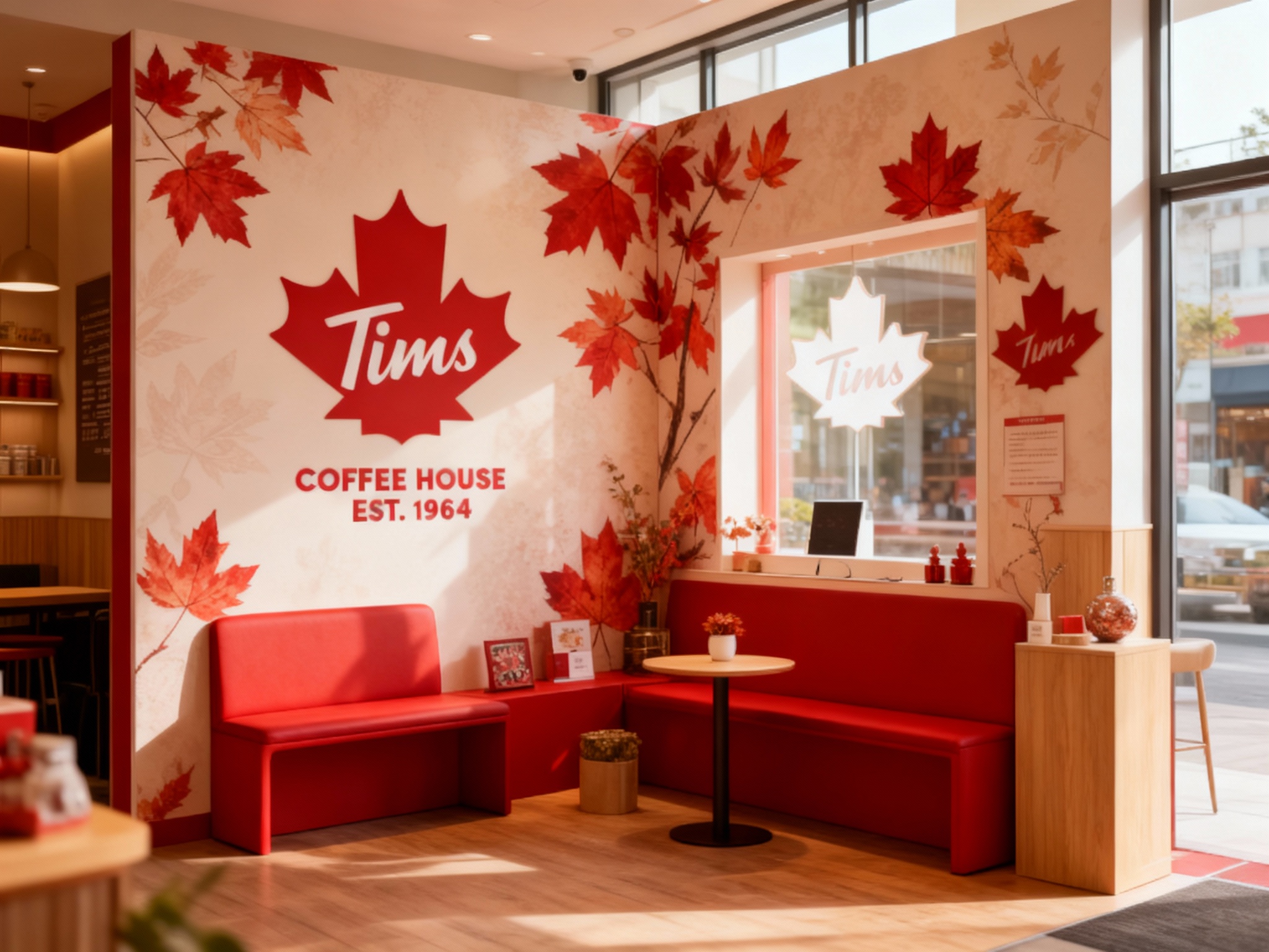 生成品牌体验区或小型咖啡桌场景，展示品牌互动装置或店内拍照打卡点，（将参考图中的LOGO及品牌色配色）融入场景装修或物件，环境温馨有质感，光线自然通透，体验区内设置红色枫叶图案的拍照墙，搭配品牌色的座椅和装饰品。