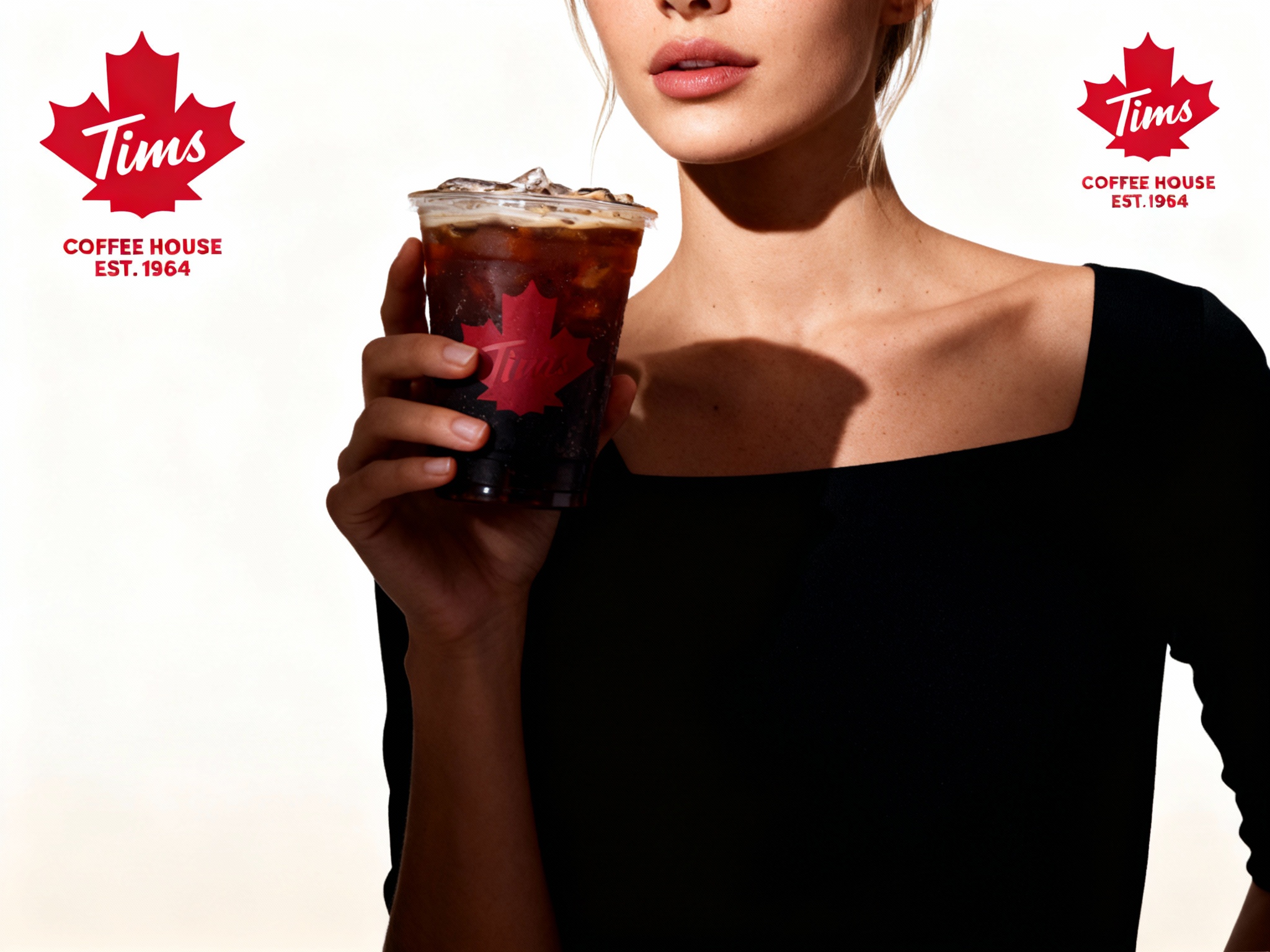 设计品牌海报，时尚剪影摄影风格,时尚大片,一个女生模特,穿着时尚黑色服装手拿带有（将参考图中的LOGO）的冰美式咖啡，（将参考图中的LOGO）位于左上角或右上角（根据实际情况设置），清晰的毛孔,肌肤真实细节,产品剪影,品牌色向白色渐变背景,特写镜头,平视视角,高清分辨率,高细节,女生模特手持红色枫叶图案的冰美式咖啡杯，背景为品牌色向白色渐变。