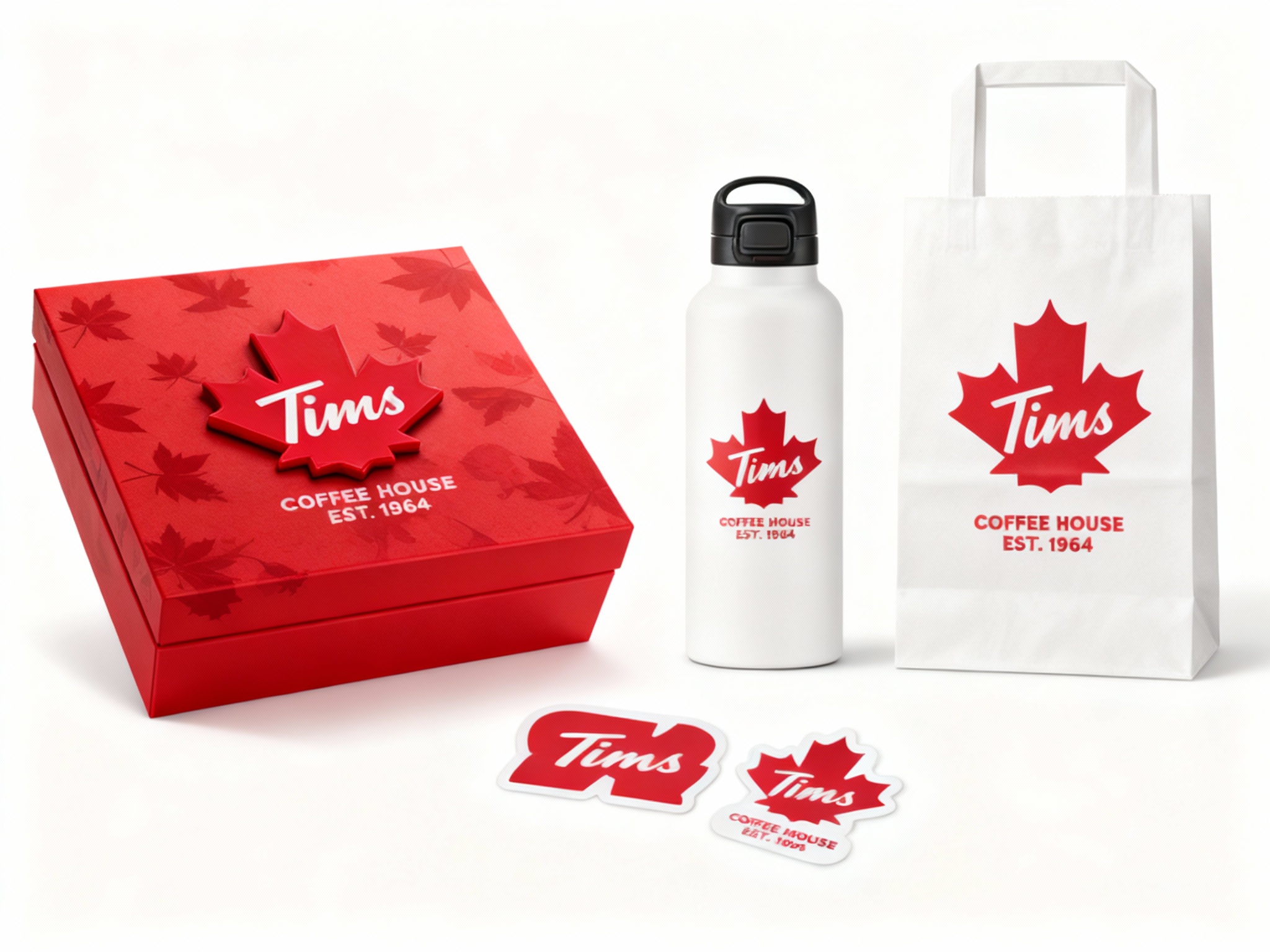 生成品牌周边展示图，如礼盒、保温杯、手提袋、贴纸等，（将参考图中的LOGO）在各周边产品上合理呈现，延续品牌配色，造型简约高级，适合礼赠与品牌延展，礼盒为红色枫叶图案，保温杯为白色底红色LOGO。