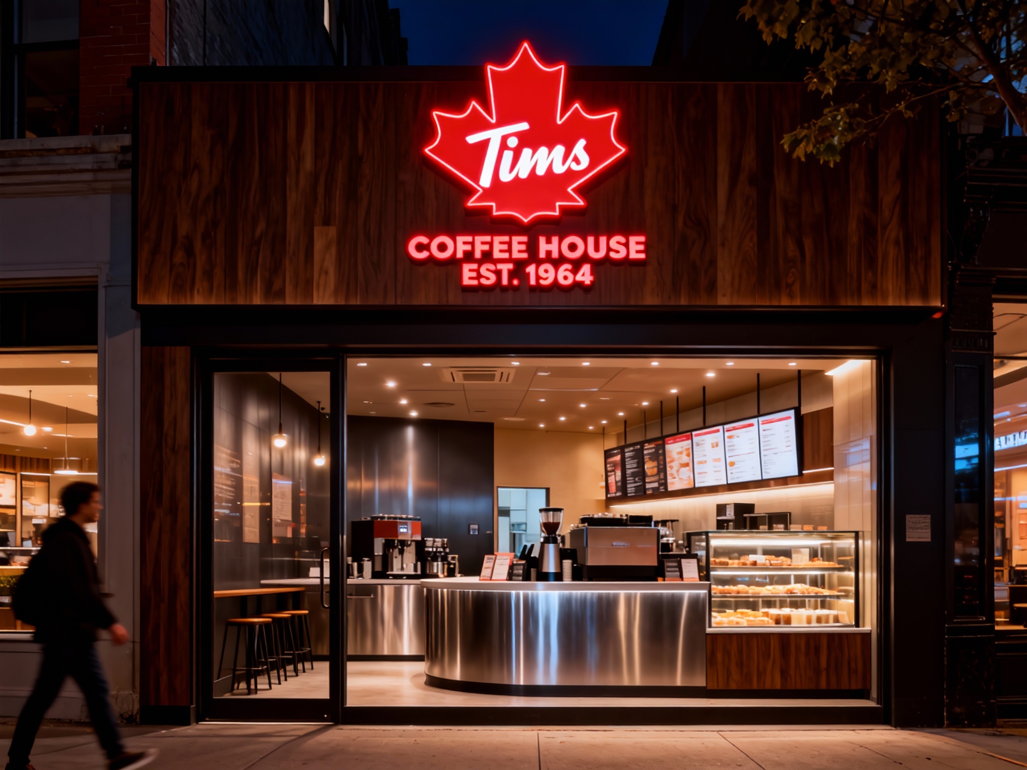 设计夜景门头及灯箱效果图，（将参考图中的LOGO）光亮温暖，咖啡店的内部场景，上方有发光的（将参考图中的LOGO）标识，下方是咖啡制作区域和展示柜，柜台上有菜单，整体装修风格运用黑胡桃木搭配银色不锈钢材质现代，灯光温暖 ，街区环境和路人自然呈现，门头上方的LOGO在夜晚发出温暖的光芒，店内灯光柔和，营造温馨氛围。