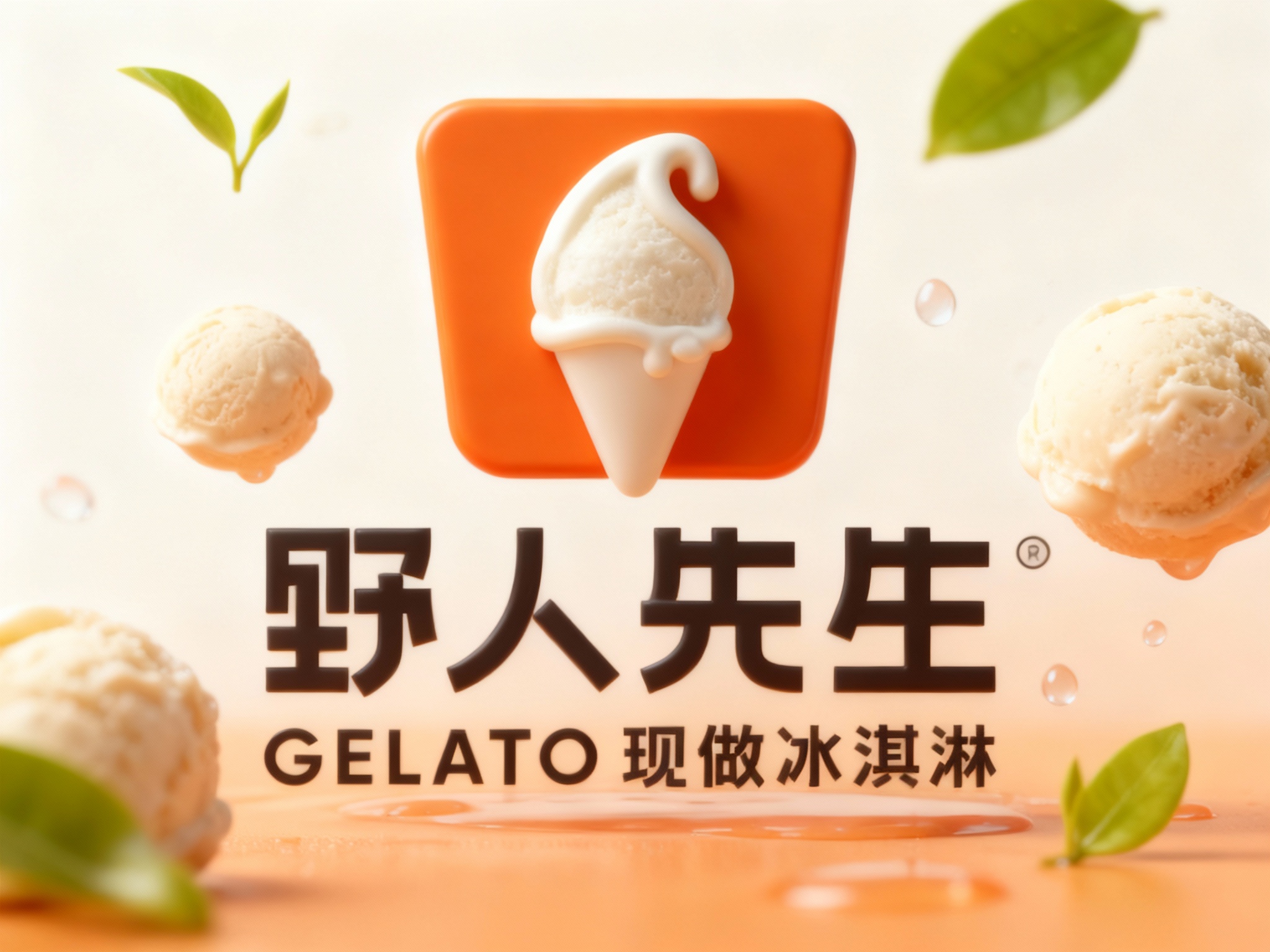 艺术创意品牌展示图。画面中心是（智能提取参考图中的LOGO主体并去除原背景），呈现立体悬浮效果，周围环绕着漂浮的冰淇淋球、水滴和翠绿的嫩叶。背景是极简的米白色到浅橙色的渐变。微距镜头，景深极浅，捕捉细节纹理，展现冰淇淋与自然的完美融合，画面轻盈灵动。
