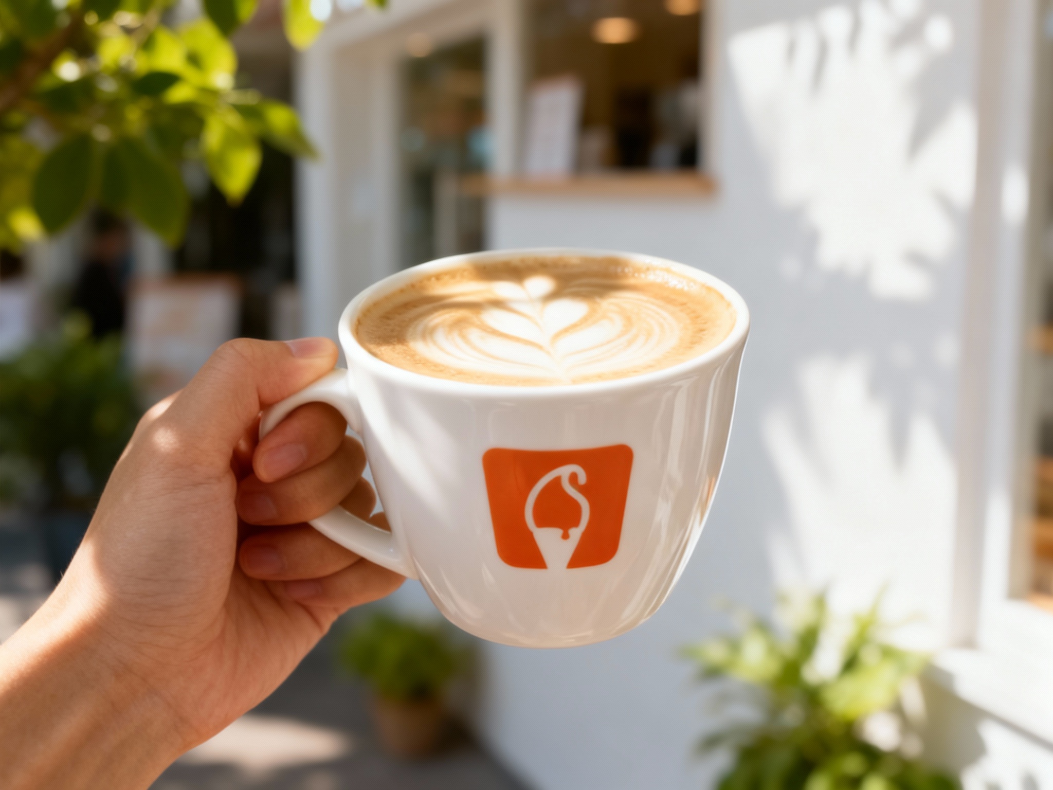 生成冰淇淋产品展示图，特写镜头。一只手拿着白色的陶瓷冰淇淋杯，杯身印有（智能提取参考图中的LOGO主体并去除原背景，完美贴合杯身弧度）。背景是模糊的冰淇淋店白墙和绿植。阳光透过树叶缝隙照在杯子上，形成漂亮的光斑。杯内冰淇淋拉花精致，画面构图极简，突出饮品的纯粹与品牌的高级感。