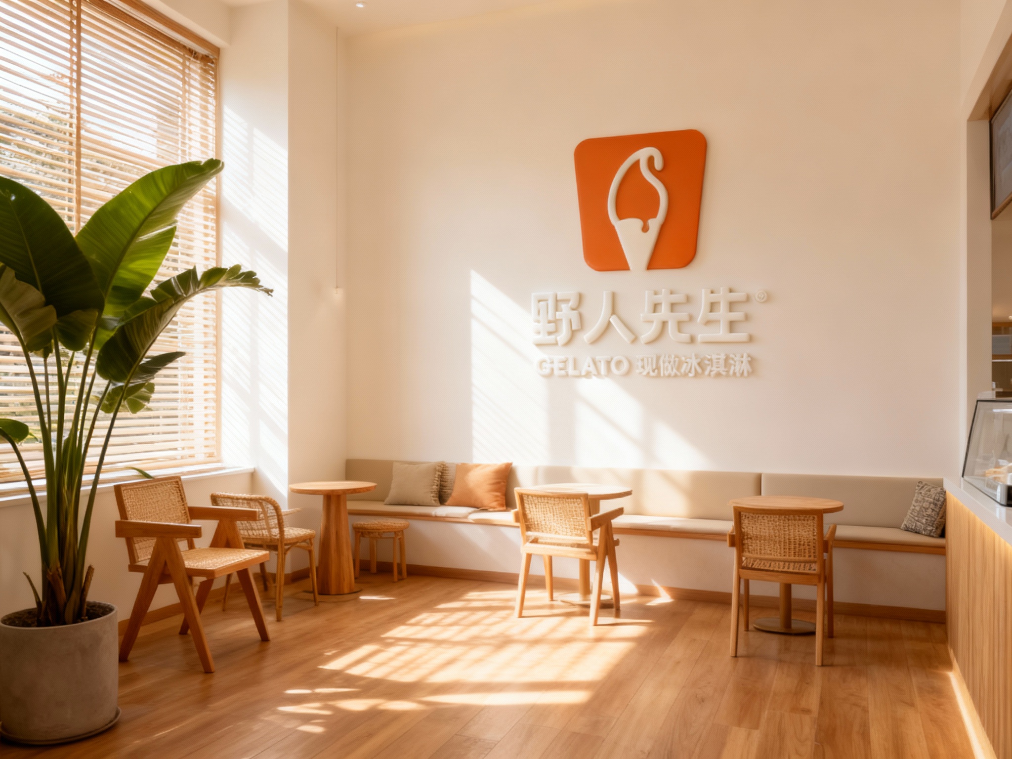 生成精致INS风格冰淇淋店内部空间渲染图。空间以奶油白和浅原木色为主调，阳光透过百叶窗和巨大的室内绿植洒在木地板上，形成丁达尔光效。（智能提取参考图中的LOGO主体并去除原背景）以白色浮雕或哑光亚克力材质低调融入主墙面，无违和感。家具选用藤编与原木结合，搭配莫兰迪色系软装，氛围松弛、治愈。