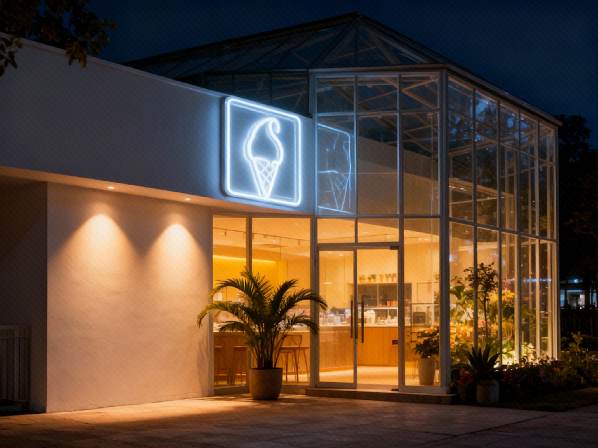 设计夜景门头及灯箱效果图。冰淇淋店的白色墙面在暖色地灯的照射下显得温馨，巨大的落地窗透出室内的暖黄光。门口的植物在夜色中姿态优美。（智能提取参考图中的LOGO主体并去除原背景）制作成发光灯箱，只有LOGO线条部分发光，背景透明或镂空，成为视觉焦点。整体氛围静谧、高级，像一个发光的玻璃花房。