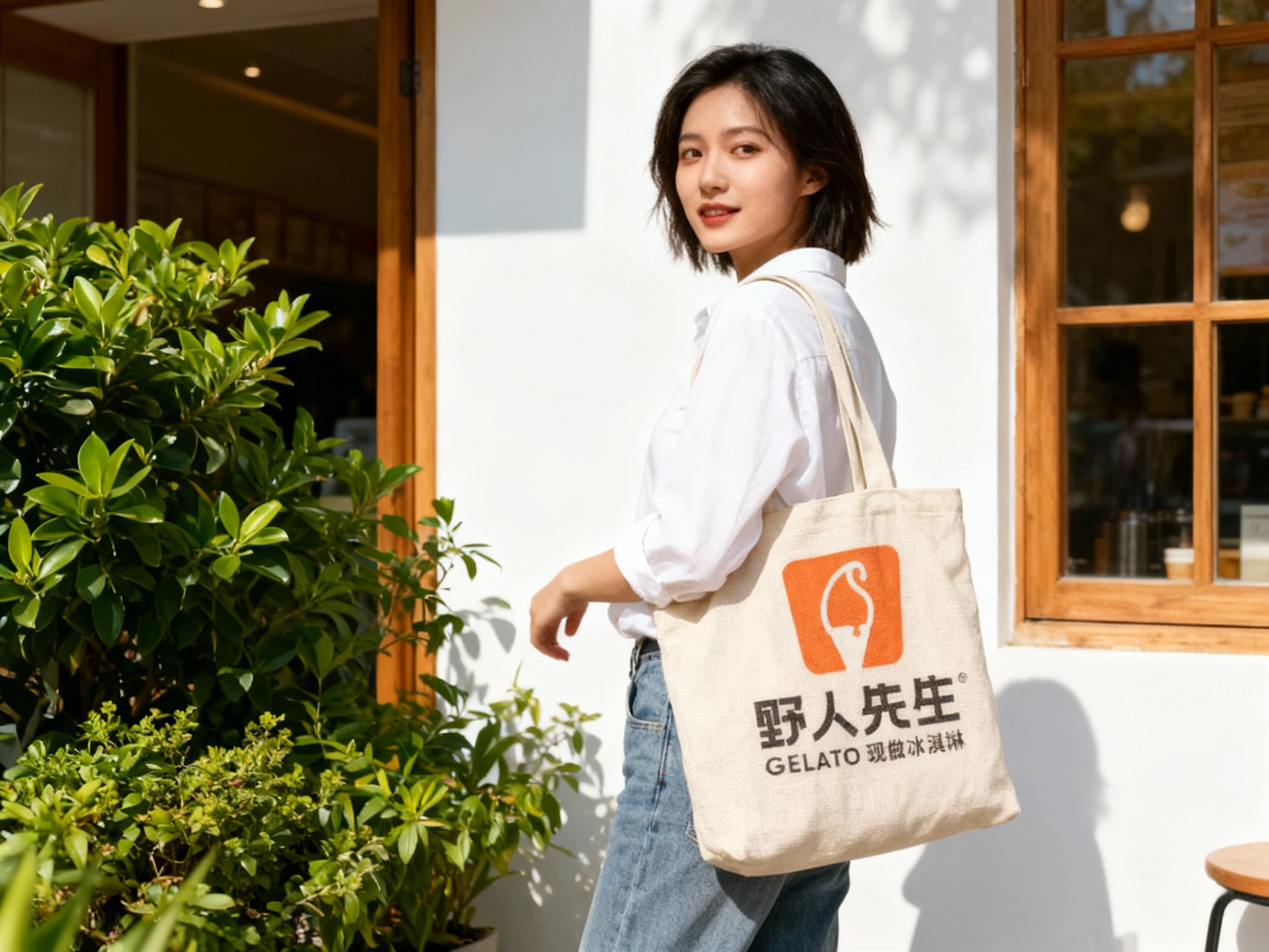 模特时尚街拍风格。一位穿着简约白色衬衫和牛仔裤的模特，肩背米色帆布袋，袋子上印有清晰的（智能提取参考图中的LOGO主体并去除原背景，融入帆布纹理）。她站在冰淇淋店门口的绿植旁，自然回眸。背景是白墙和木窗，阳光明媚，光感真实，突出品牌周边的时尚搭配感。