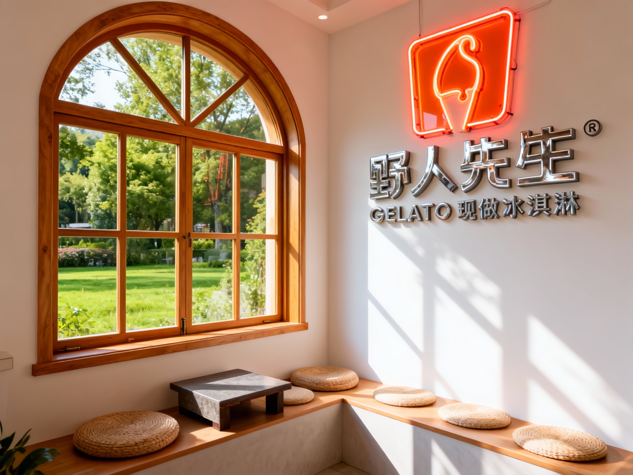 生成品牌体验区或窗边座位场景。设计一个INS风网红打卡角：一扇原木色的拱形窗户，窗外是绿意盎然的景色，窗边摆放着蒲团和矮几。墙面上方有（智能提取参考图中的LOGO主体并去除原背景）的霓虹灯管或金属立体字效果。阳光倾洒，光影在白墙上移动，画面充满诗意和呼吸感。