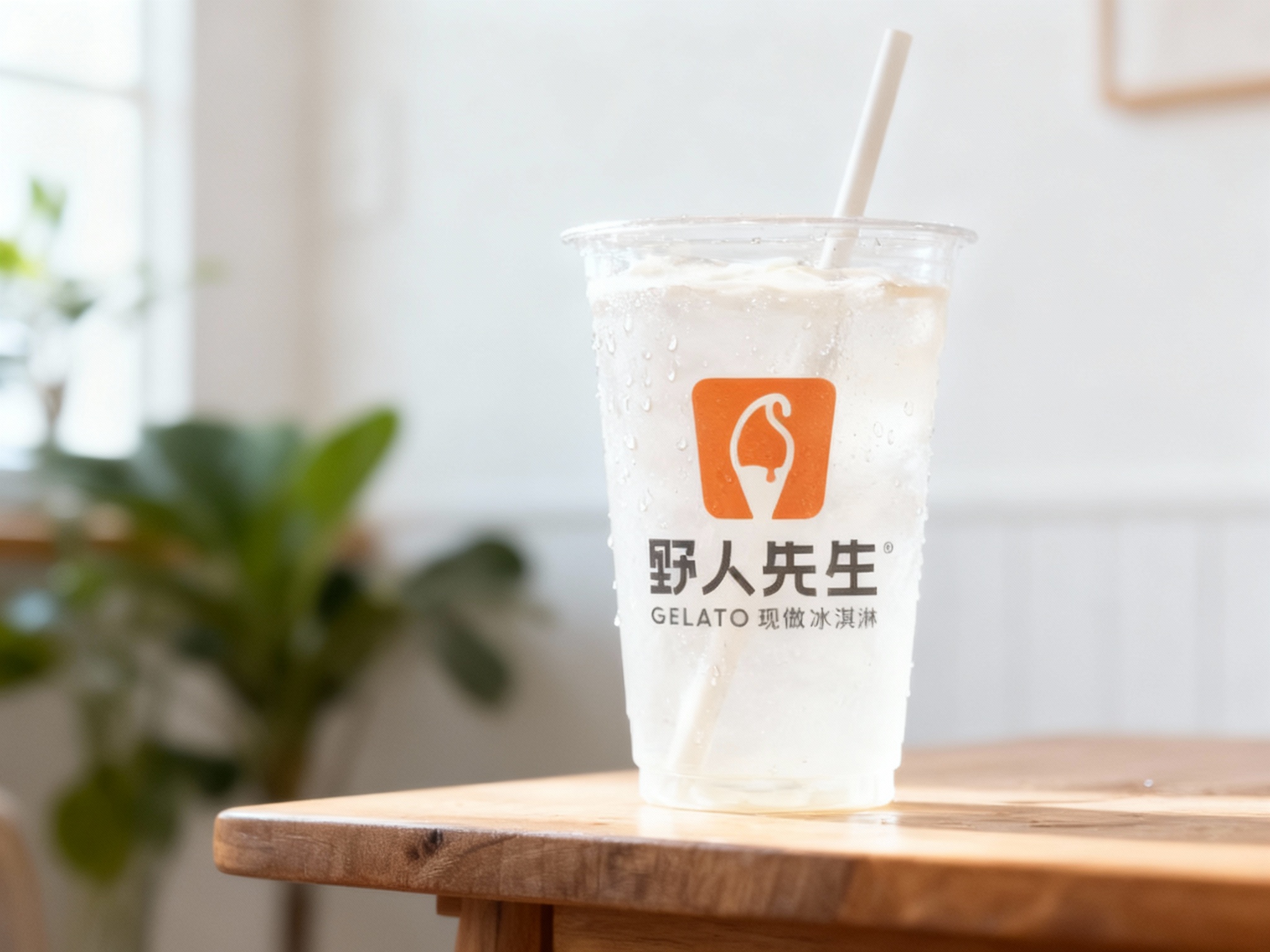 冰淇淋门店促销海报。背景是柔焦处理的室内环境（白墙、木桌、绿植）。前景突出展示一杯插着吸管的冷萃冰淇淋，杯身上的（智能提取参考图中的LOGO主体并去除原背景）清晰可见，杯壁挂着诱人的水珠。文案排版极简，字体纤细。整体色调清凉、透亮，激发购买欲。