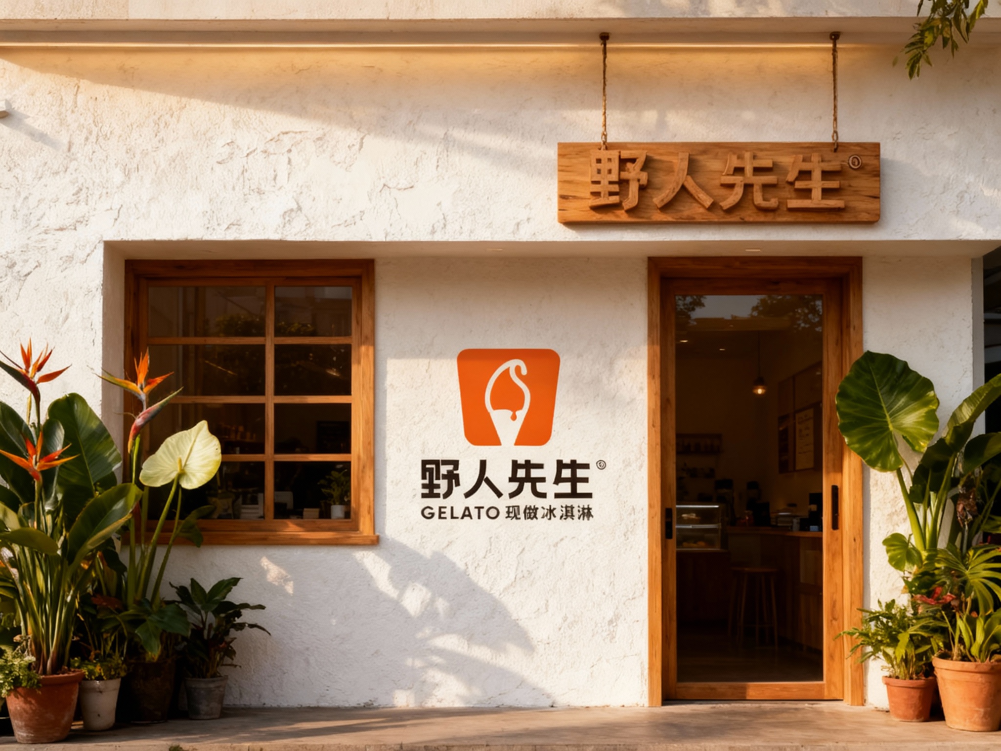 设计高级INS风格冰淇淋店门面效果图。墙面采用大面积乳白色肌理漆，搭配原木色的木质窗框和门框。门口两侧摆放高低错落的热带盆栽（天堂鸟、海芋），形成自然的绿色入口。（智能提取参考图中的LOGO主体并去除原背景）设计为原木立体字或激光雕刻在木质招牌上，与木材纹理完美融合，悬挂于门头。光线为清晨侧逆光，通透温暖，画面比例16:9，8K渲染。