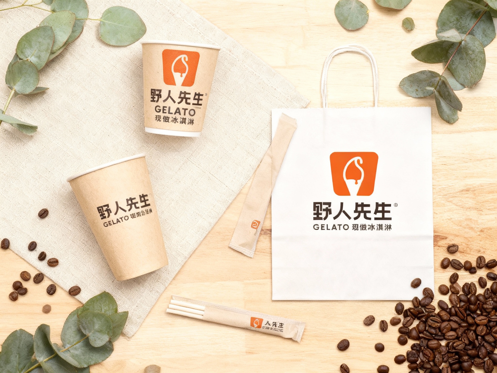 设计冰淇淋产品平铺拍摄图，包含纸杯、手提袋、打包袋、吸管包装等。背景为浅米色亚麻布或原木桌面，物品周围随意散落几片尤加利叶和新鲜咖啡豆。（智能提取参考图中的LOGO主体并去除原背景）清晰印制在各产品表面，透视关系准确，无白边。色彩统一为大地色或品牌色，自然光漫射，呈现高级整洁的摆拍感。