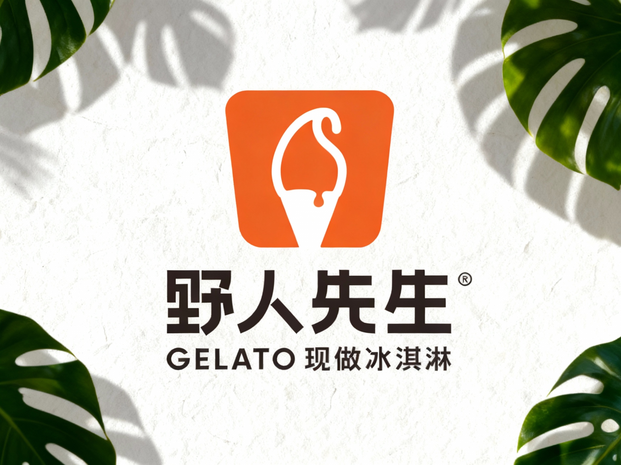 根据（智能提取参考图中的LOGO主体并去除原背景），生成纯色背景的平面LOGO展示。背景为带有纹理的乳白色艺术纸，画面边缘有热带植物叶片（如龟背竹）的清晰投影，光影斑驳。LOGO呈现极简风格，高清分辨率，营造干净、自然的INS风视觉。