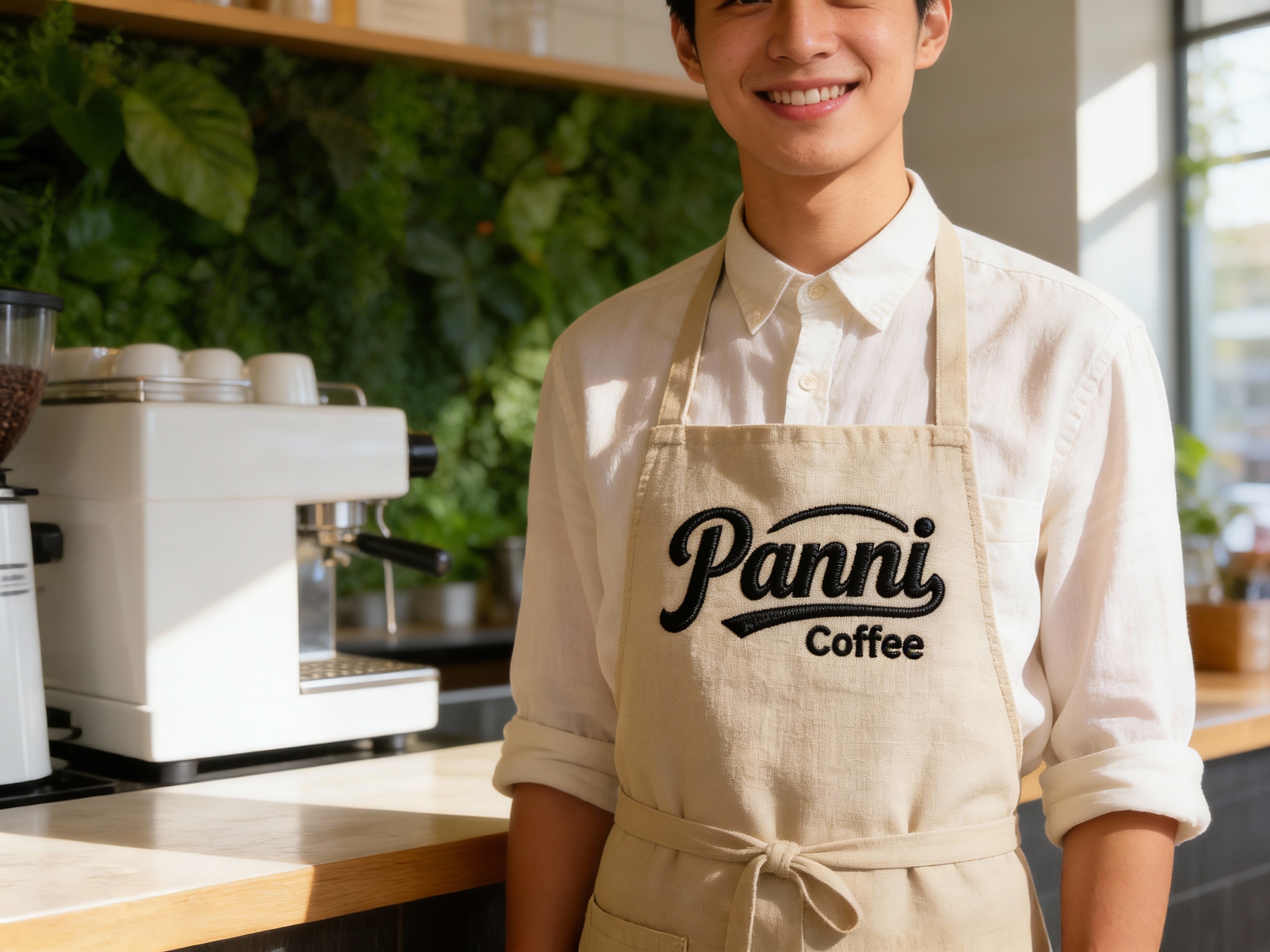 生成员工形象展示图。员工身穿米白色棉麻质地衬衫，系着浅卡其色围裙，围裙胸口处（智能提取参考图中的LOGO主体并去除原背景）呈现为精致的刺绣工艺，质感真实。员工站在洒满阳光的吧台内，背景是白色的咖啡机和翠绿的植物墙，面带微笑，光线柔和自然，展现专业且亲切的服务形象。