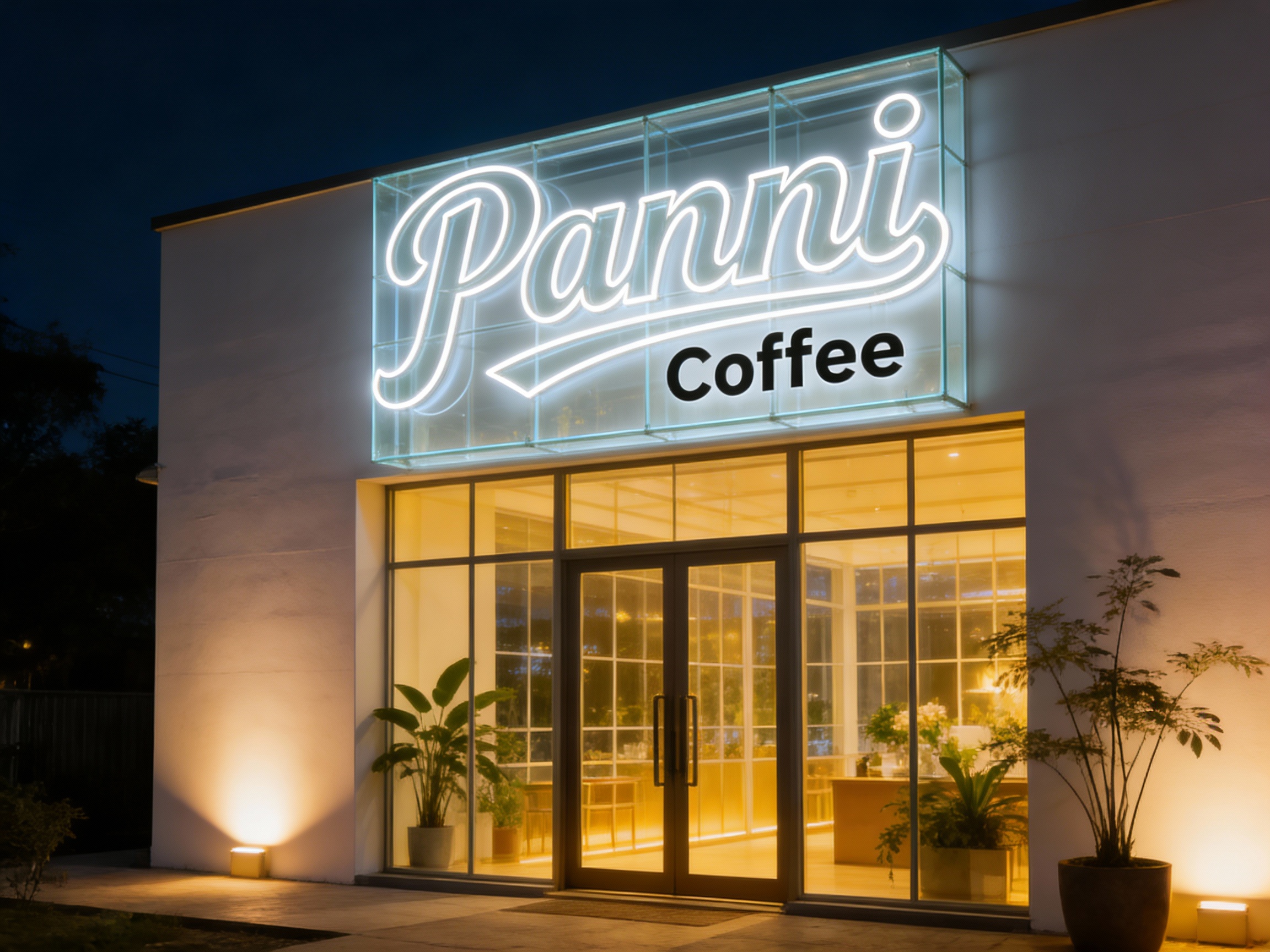 设计夜景门头及灯箱效果图。咖啡店的白色墙面在暖色地灯的照射下显得温馨，巨大的落地窗透出室内的暖黄光。门口的植物在夜色中姿态优美。（智能提取参考图中的LOGO主体并去除原背景）制作成发光灯箱，只有LOGO线条部分发光，背景透明或镂空，成为视觉焦点。整体氛围静谧、高级，像一个发光的玻璃花房。