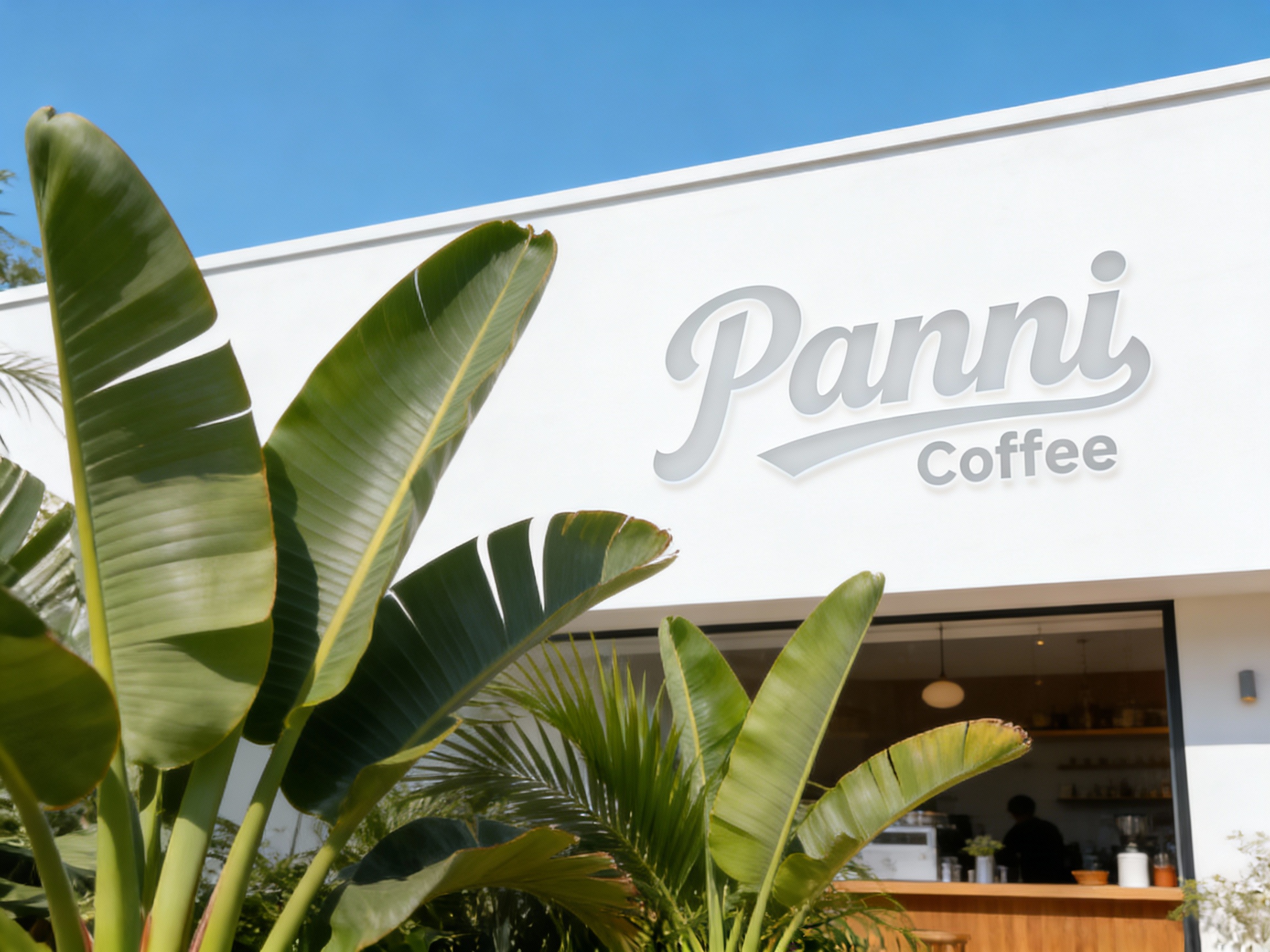 设计品牌宣传海报，画面清新自然。背景为明亮的蓝天或咖啡店白色的外墙，前景是高大的热带植物叶片，掩映着（智能提取参考图中的LOGO主体并去除原背景，以水印或悬浮文字形式呈现）。构图留白面积大，排版采用高级的英文无衬线字体，风格类似Kinfolk杂志，传递“城市绿洲”的生活方式。