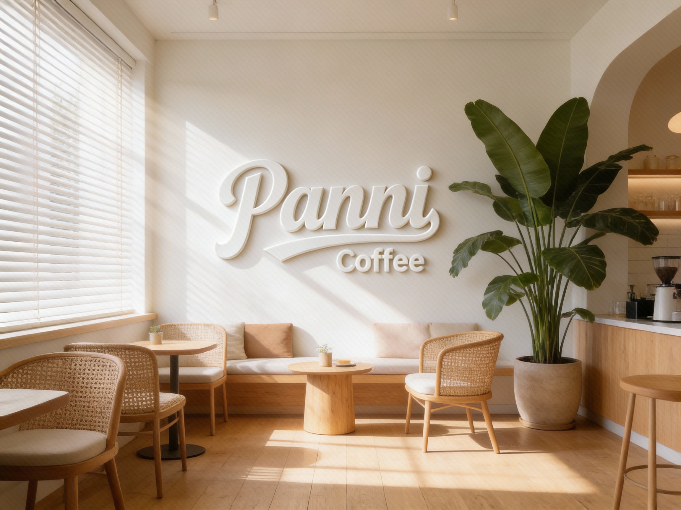 生成精致INS风格咖啡店内部空间渲染图。空间以奶油白和浅原木色为主调，阳光透过百叶窗和巨大的室内绿植洒在木地板上，形成丁达尔光效。（智能提取参考图中的LOGO主体并去除原背景）以白色浮雕或哑光亚克力材质低调融入主墙面，无违和感。家具选用藤编与原木结合，搭配莫兰迪色系软装，氛围松弛、治愈。