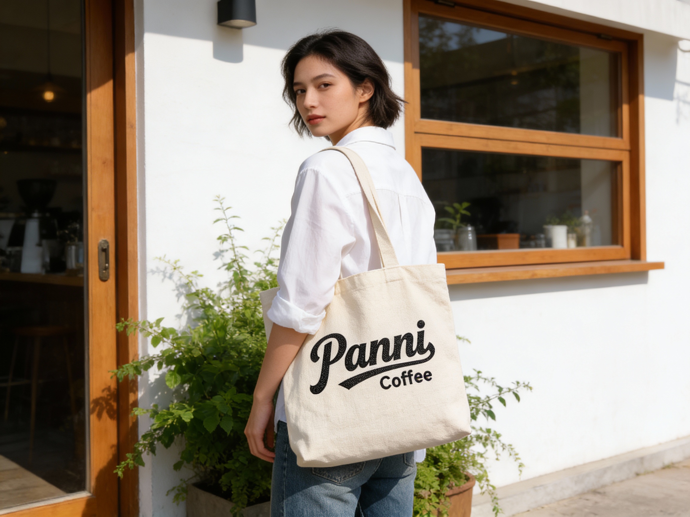 模特时尚街拍风格。一位穿着简约白色衬衫和牛仔裤的模特，肩背米色帆布袋，袋子上印有清晰的（智能提取参考图中的LOGO主体并去除原背景，融入帆布纹理）。她站在咖啡店门口的绿植旁，自然回眸。背景是白墙和木窗，阳光明媚，光感真实，突出品牌周边的时尚搭配感。