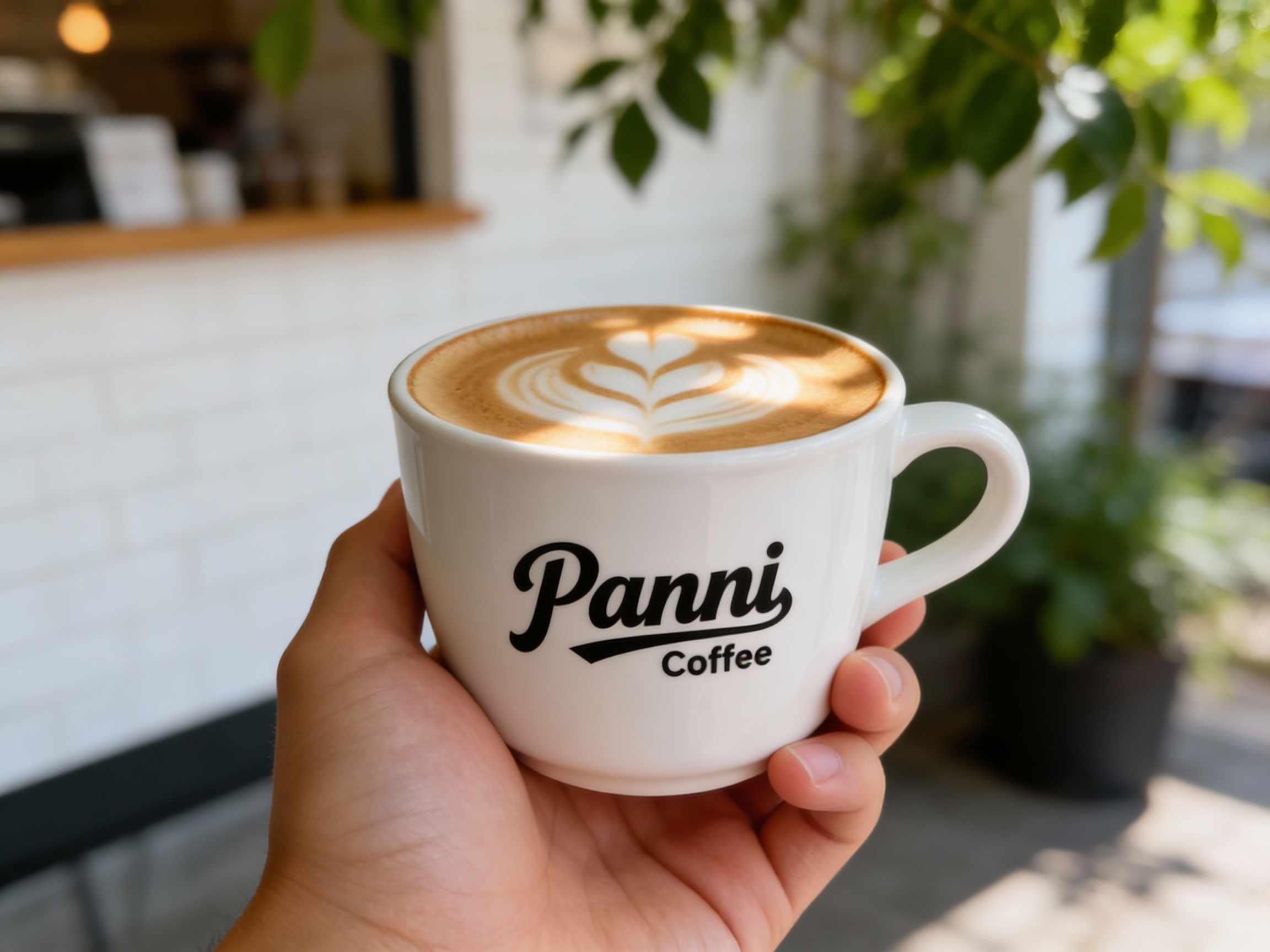 生成咖啡产品展示图，特写镜头。一只手拿着白色的陶瓷咖啡杯，杯身印有（智能提取参考图中的LOGO主体并去除原背景，完美贴合杯身弧度）。背景是模糊的咖啡店白墙和绿植。阳光透过树叶缝隙照在杯子上，形成漂亮的光斑。杯内咖啡拉花精致，画面构图极简，突出饮品的纯粹与品牌的高级感。