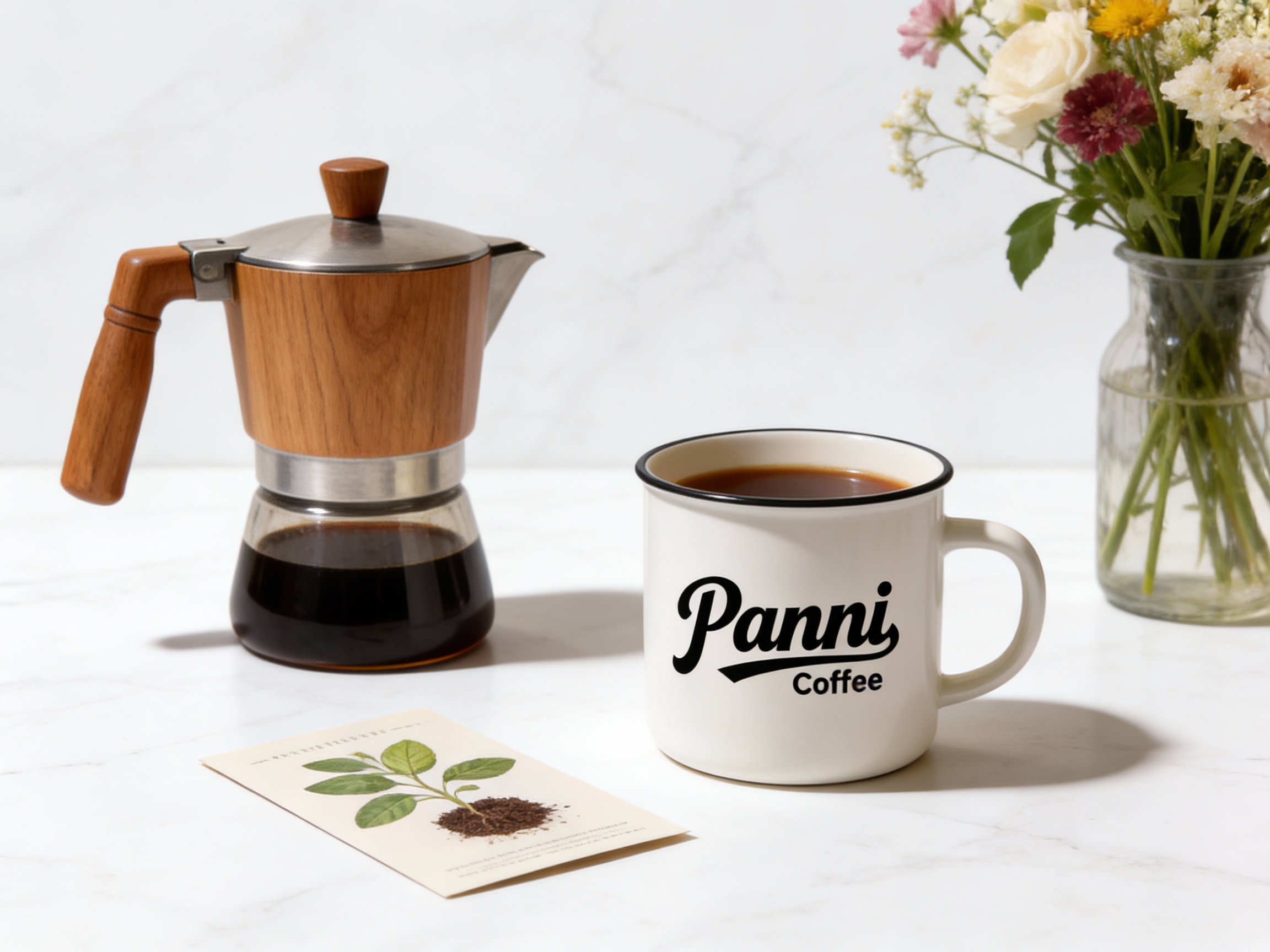 生成精致的咖啡周边组合图。画面包含木质手柄的咖啡壶、印有（智能提取参考图中的LOGO主体并去除原背景）的马克杯、以及植物种子卡片。背景是干净的白色大理石台面，搭配一瓶插花。光线明亮均匀，色彩饱和度低，对比度适中，展现精致的中产生活美学。