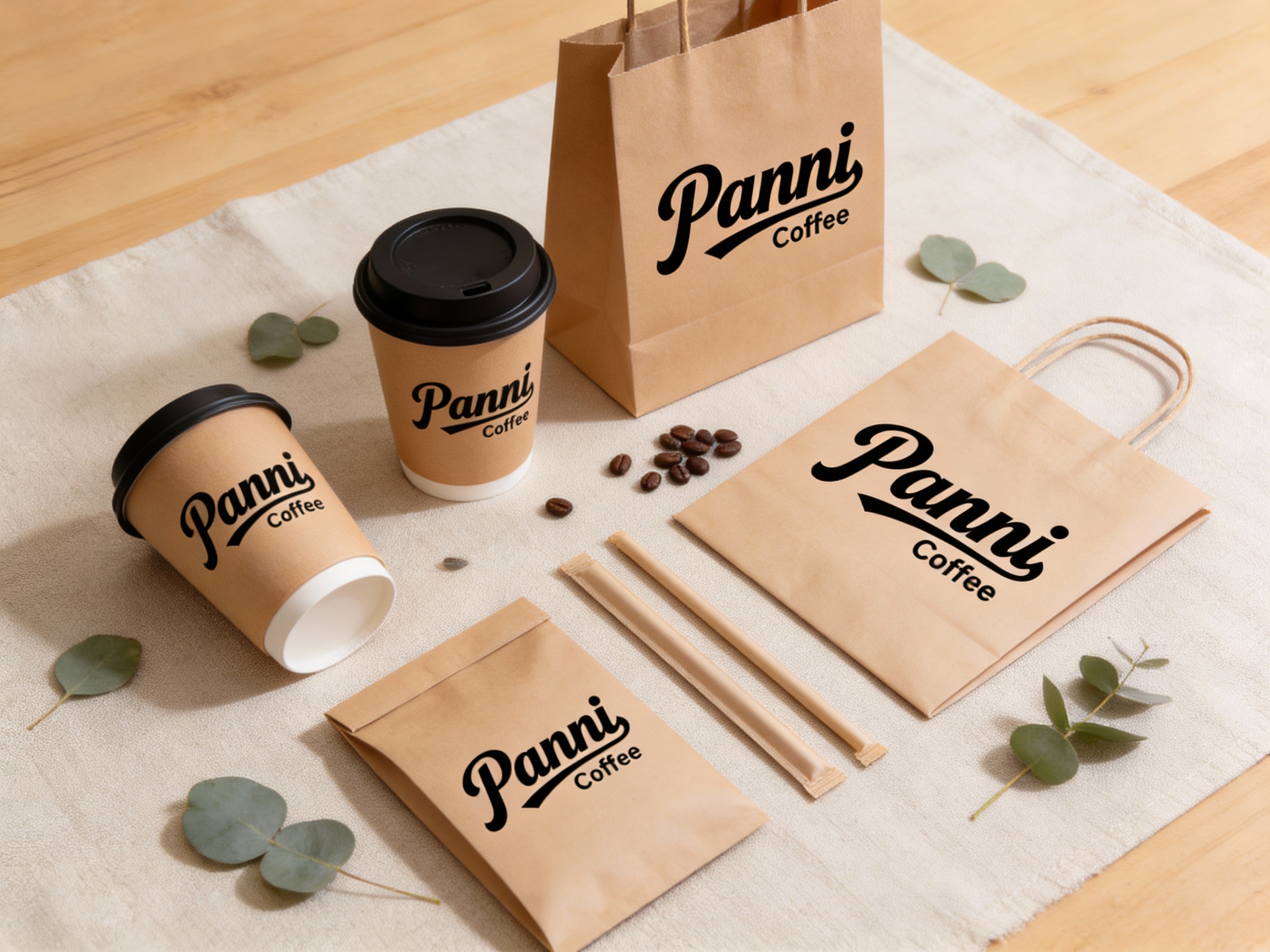 设计咖啡产品平铺拍摄图，包含纸杯、手提袋、打包袋、吸管包装等。背景为浅米色亚麻布或原木桌面，物品周围随意散落几片尤加利叶和新鲜咖啡豆。（智能提取参考图中的LOGO主体并去除原背景）清晰印制在各产品表面，透视关系准确，无白边。色彩统一为大地色或品牌色，自然光漫射，呈现高级整洁的摆拍感。