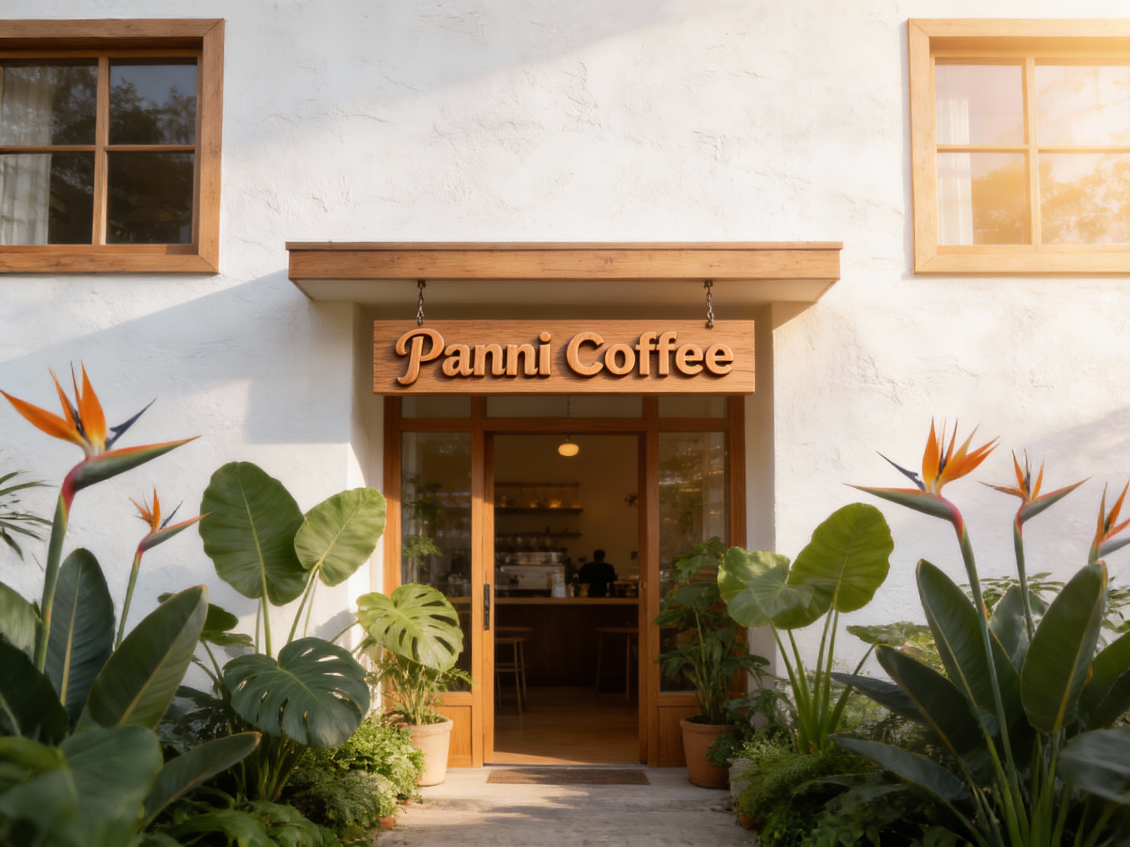 设计高级INS风格咖啡店门面效果图。墙面采用大面积乳白色肌理漆，搭配原木色的木质窗框和门框。门口两侧摆放高低错落的热带盆栽（天堂鸟、海芋），形成自然的绿色入口。（智能提取参考图中的LOGO主体并去除原背景）设计为原木立体字或激光雕刻在木质招牌上，与木材纹理完美融合，悬挂于门头。光线为清晨侧逆光，通透温暖，画面比例16:9，8K渲染。