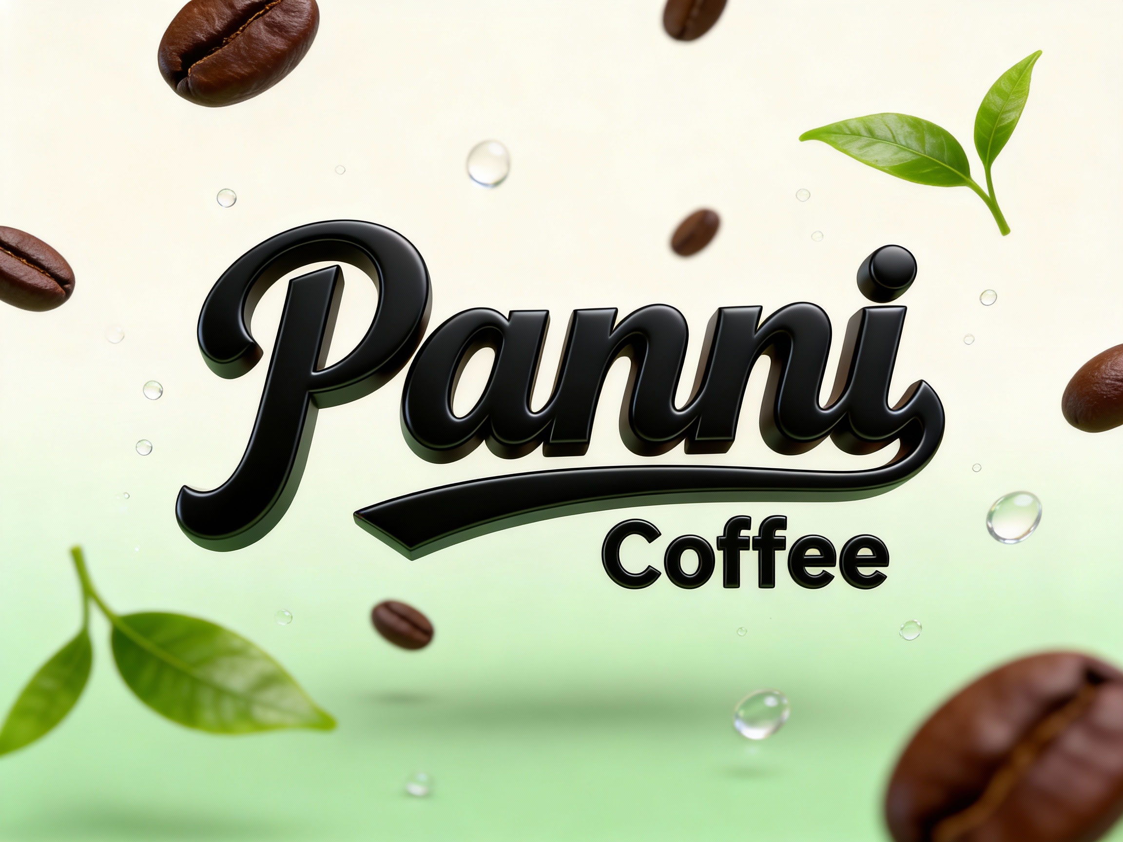 艺术创意品牌展示图。画面中心是（智能提取参考图中的LOGO主体并去除原背景），呈现立体悬浮效果，周围环绕着漂浮的咖啡豆、水滴和翠绿的嫩叶。背景是极简的米白色到浅绿色的渐变。微距镜头，景深极浅，捕捉细节纹理，展现咖啡与自然的完美融合，画面轻盈灵动。