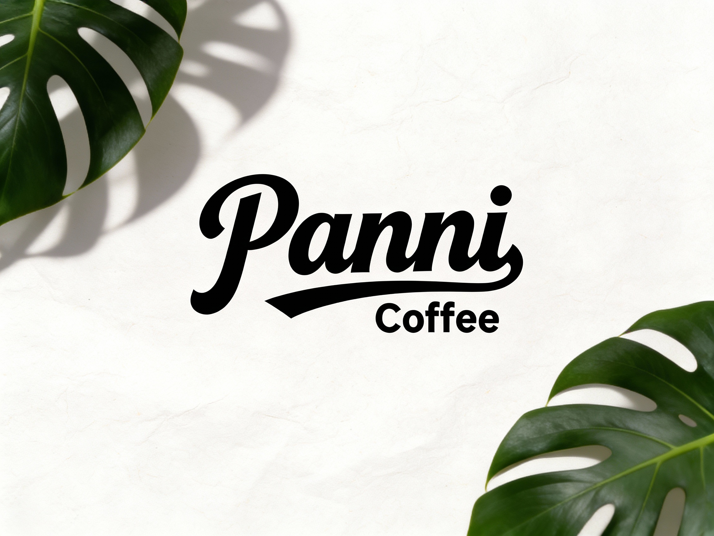 根据（智能提取参考图中的LOGO主体并去除原背景），生成纯色背景的平面LOGO展示。背景为带有纹理的乳白色艺术纸，画面边缘有热带植物叶片（如龟背竹）的清晰投影，光影斑驳。LOGO呈现极简风格，高清分辨率，营造干净、自然的INS风视觉。