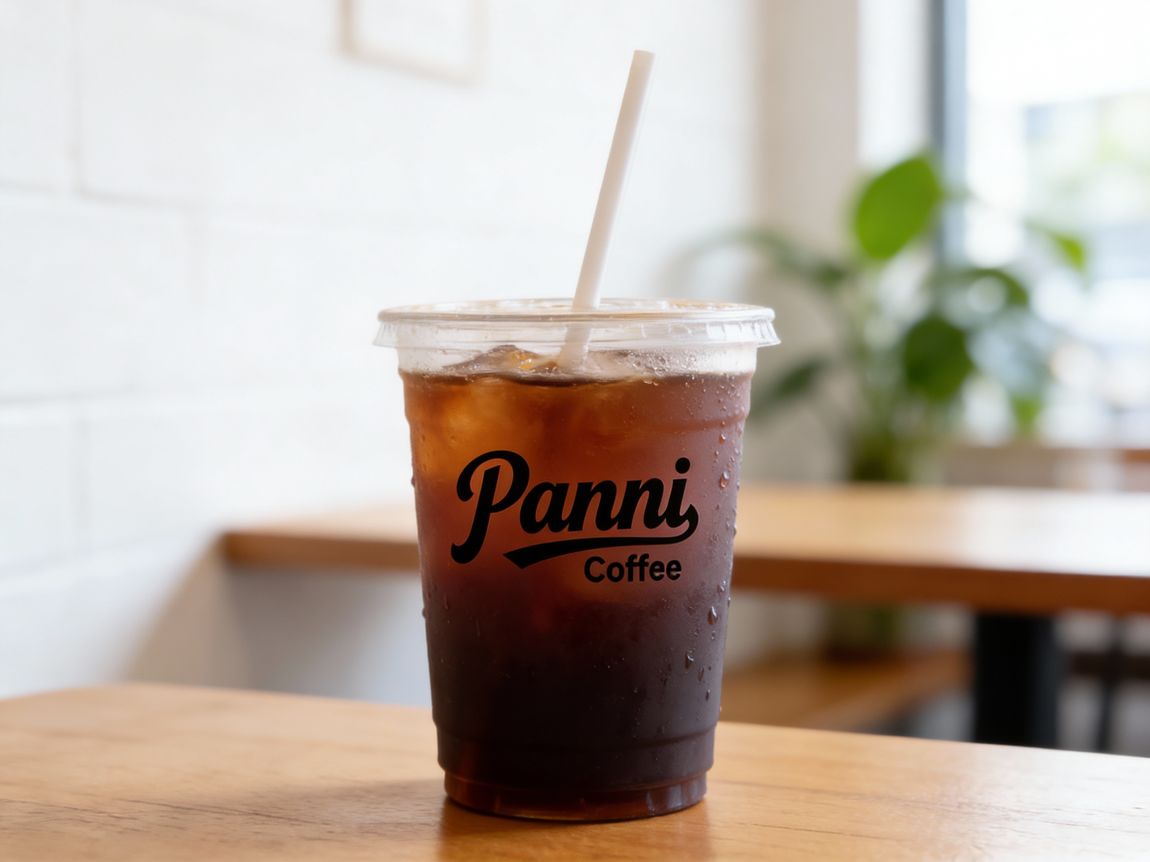 咖啡门店促销海报。背景是柔焦处理的室内环境（白墙、木桌、绿植）。前景突出展示一杯插着吸管的冷萃咖啡，杯身上的（智能提取参考图中的LOGO主体并去除原背景）清晰可见，杯壁挂着诱人的水珠。文案排版极简，字体纤细。整体色调清凉、透亮，激发购买欲。