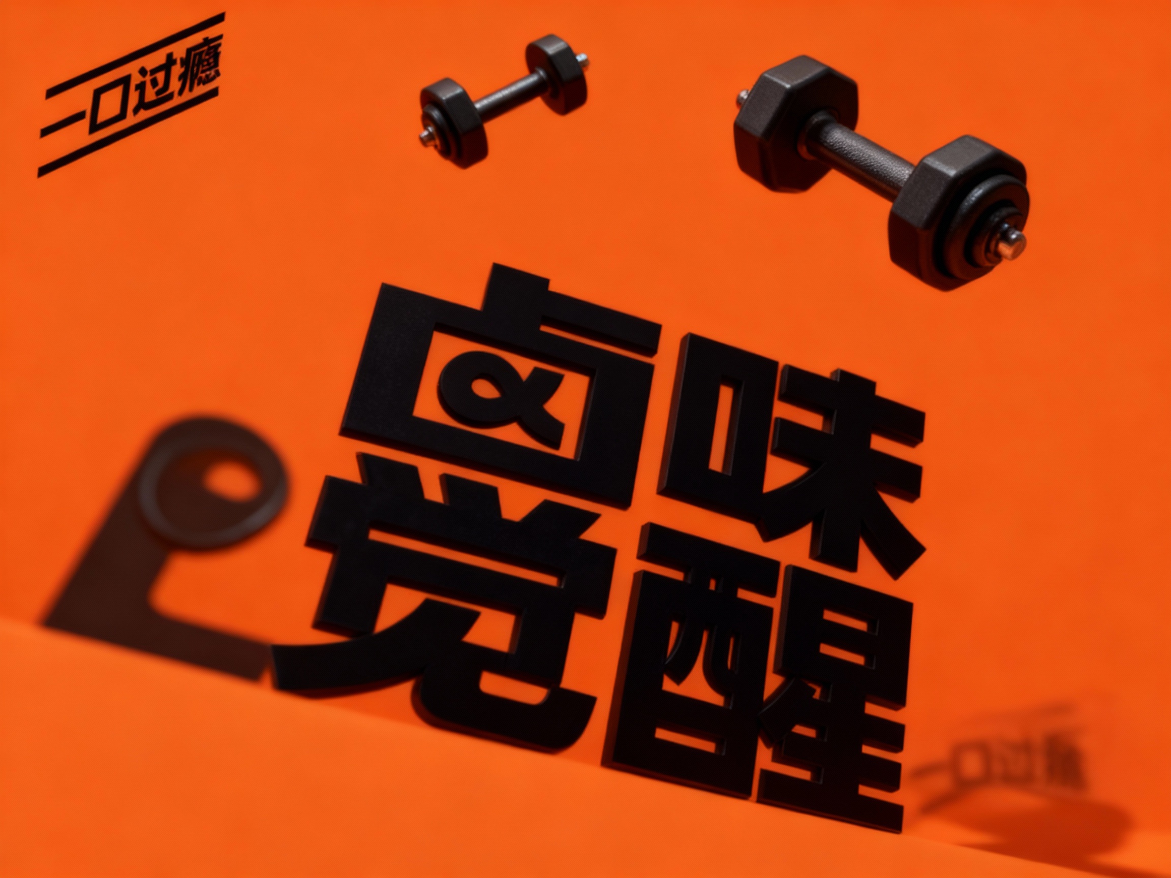 西方美学写实封面大片，非常精致的健身小器材漂在空中品牌色背景。整个画面呈现仰拍的摄影视角，将器材形状与（将参考图中的LOGO）形状完美融合呈现，仿佛在讲述一个关于活力与品质的故事。