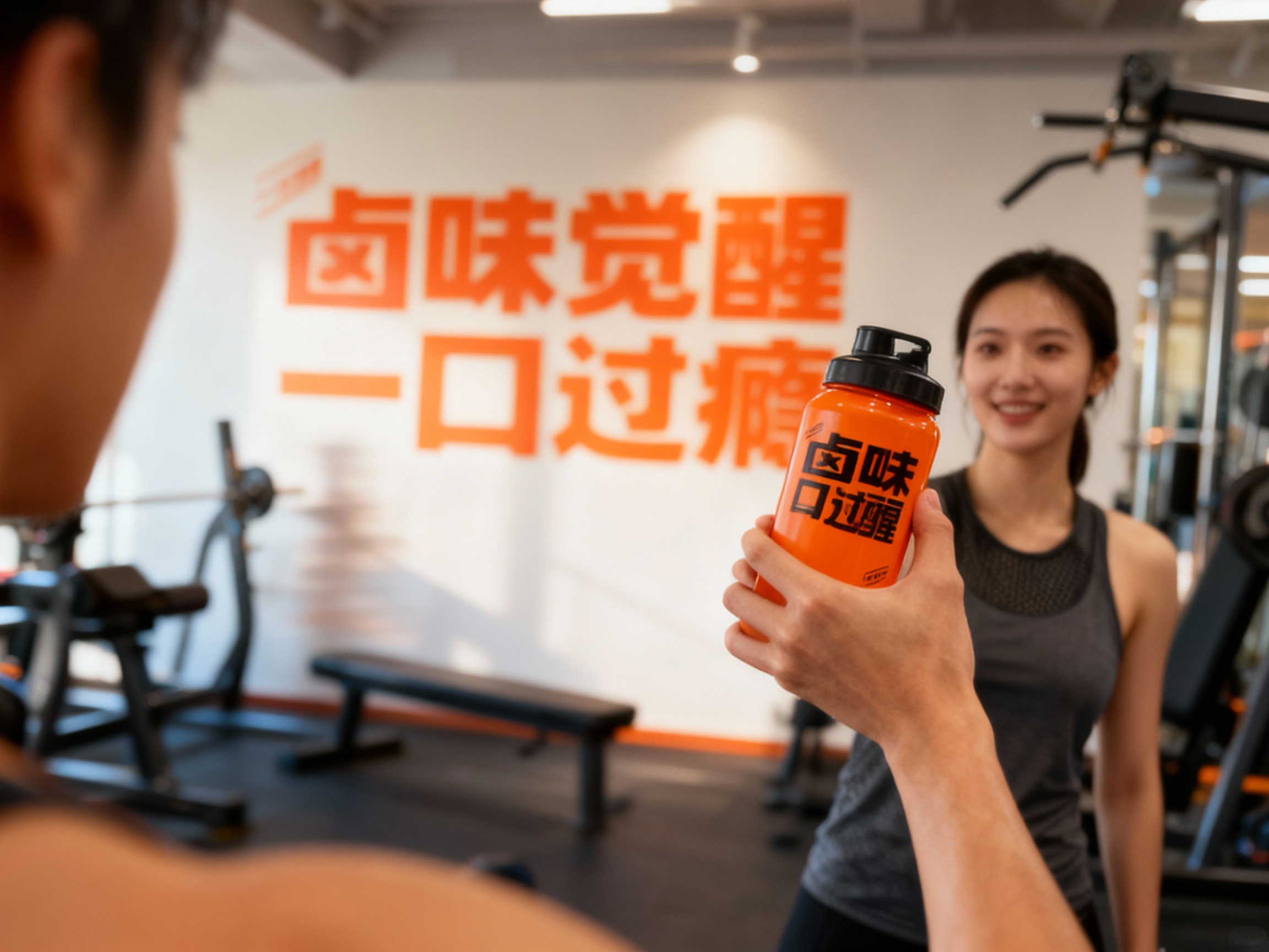 设计社交分享场景图，顾客手持带有（将参考图中的LOGO）#橙色包装的运动水壶拍照，健身馆场景中（将参考图中的LOGO）融入背景墙面#橙色，场景抓拍，独特的拍摄角度，非对称，动态模糊，明亮光环境，意境，自然色彩，丰富层次感，细腻画质，真实，光影变幻，虚化柔和过渡，胶片质感，电影质感，大师作品，光影自然，突出品牌时尚感和活力气质。