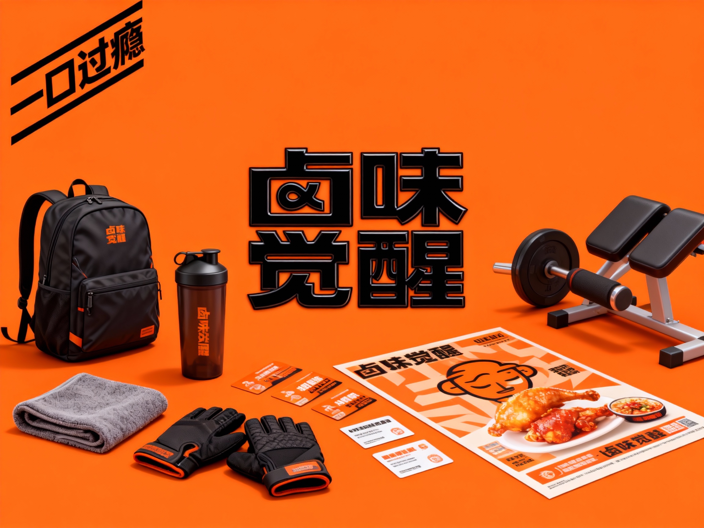 生成健身器材及用品展示图，品牌VI展示，（将参考图中的LOGO保持一致）#橙色它包括运动背包、健身水壶、运动毛巾、健身手套、印刷海报、产品卡片简单的背景、平面布局和精致美学、高分辨率摄影、高质量细节、顶级商业表现形式延续#橙色，（将参考图中的LOGO保持一致不要出现变形）在相应载体上合理呈现，突出健身器材及用品质感与品牌形象。
