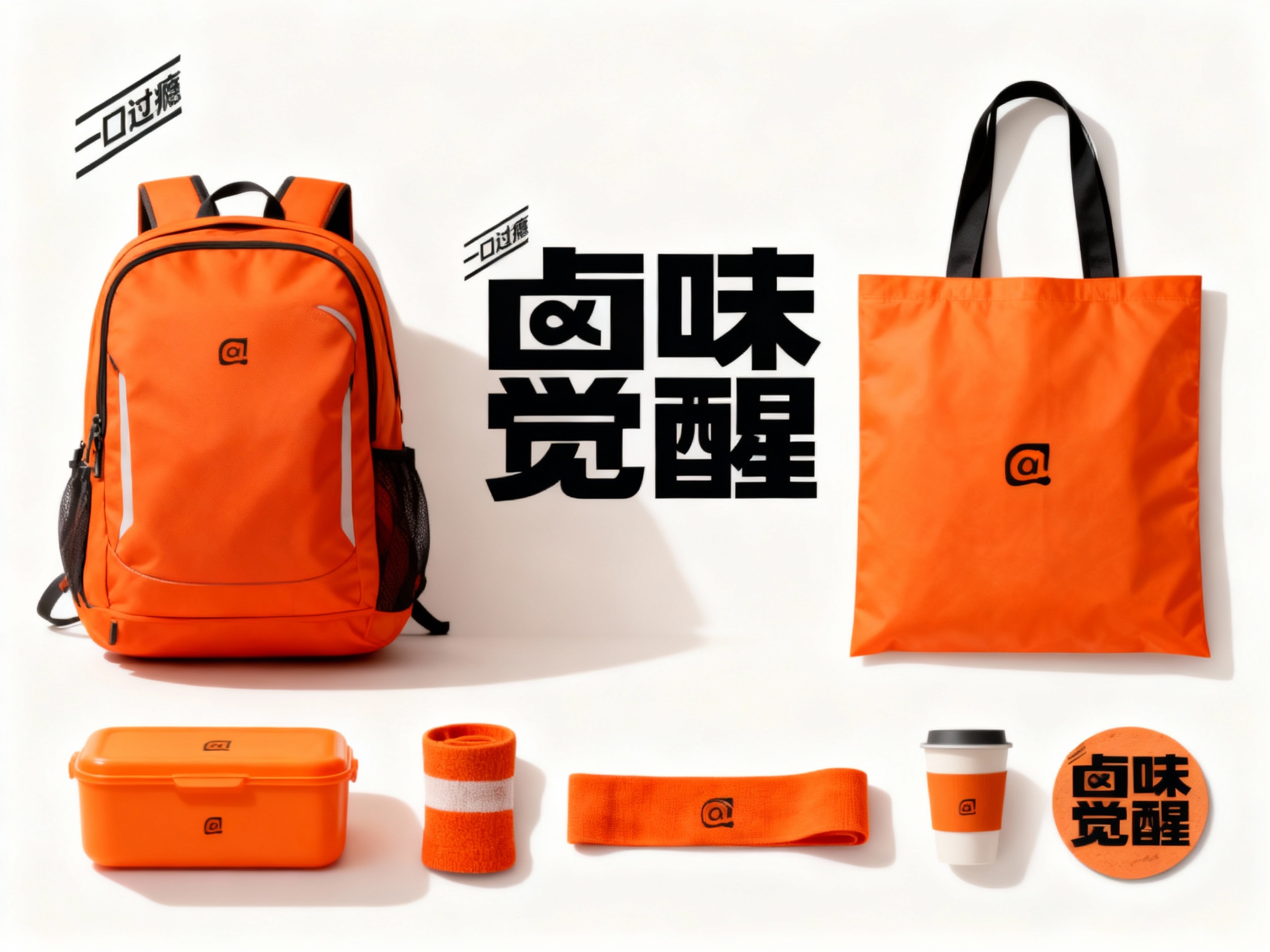设计健身器材及用品平铺拍摄图，包含运动背包、手提袋、健身收纳盒、运动护腕、运动发带、杯垫等，（将参考图中的LOGO 保持一致不要出现变形）延续#橙色在各产品上清晰展示，色彩统一，光影柔和，呈现高级整洁感。