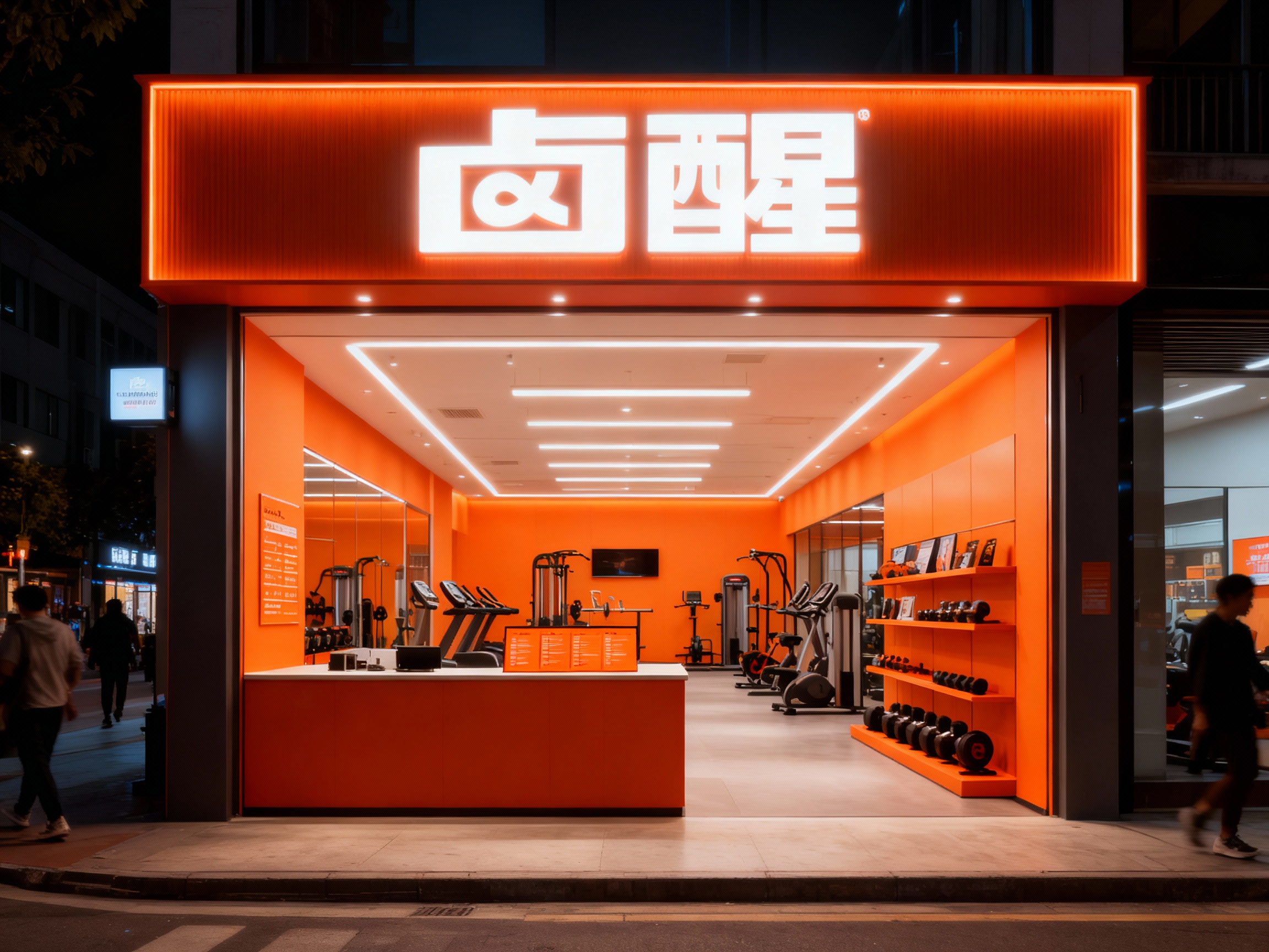 设计夜景门头及灯箱效果图，（将参考图中的LOGO）光亮明亮且富有活力，健身店的内部场景#橙色，上方有发光的（将参考图中的LOGO）标识，下方是健身器材陈列区域和展示架，柜台上有#橙色课程表，整体装修风格#橙色现代，灯光明亮 ，街区环境和路人自然呈现。