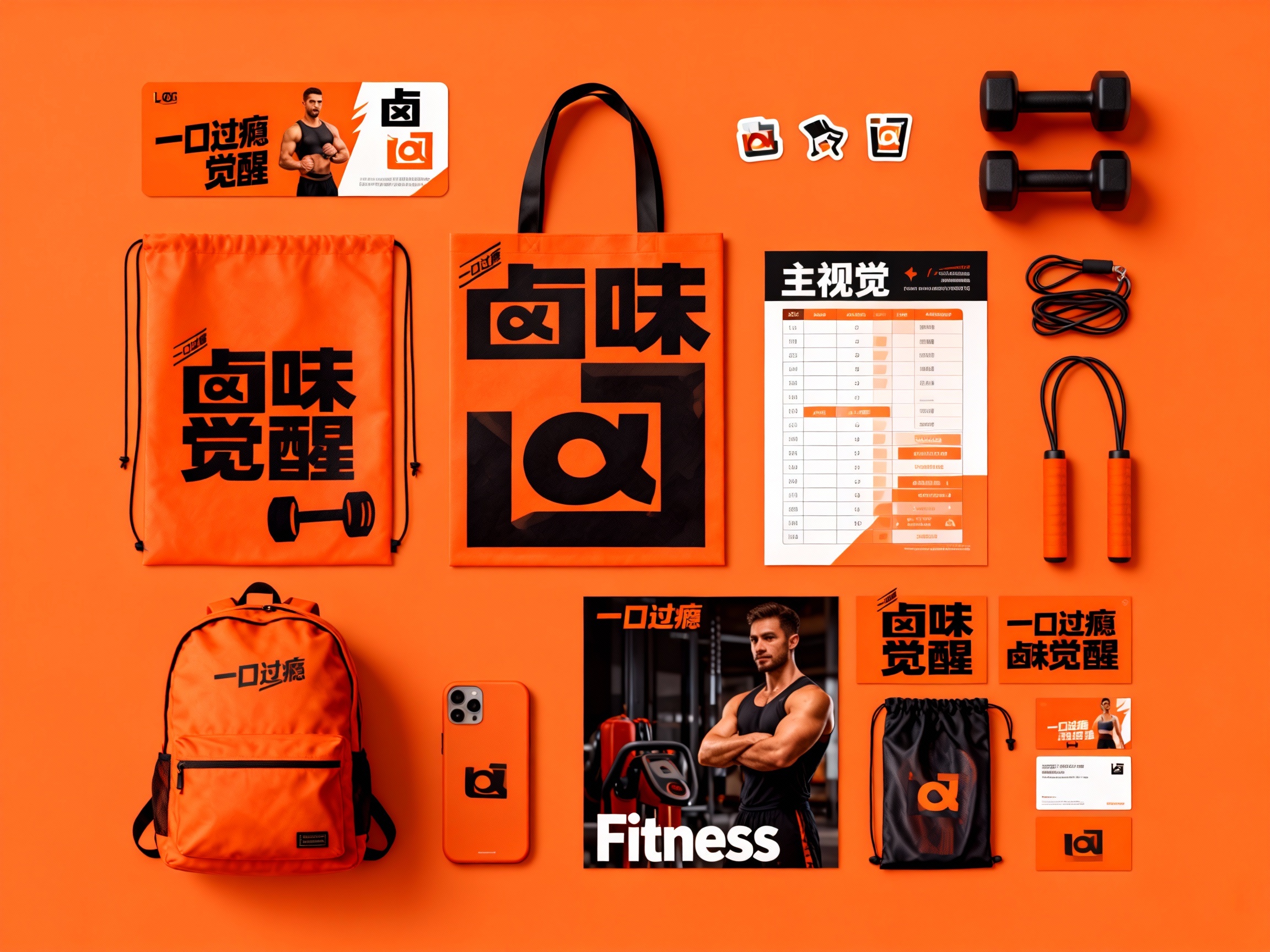 现代精致风格健身器材及用品包装展示，（将参考图中的LOGO保持一致不要出现变形）延续#橙色。画面第一排：从左到右是印有 （将参考图中的LOGO 保持一致不要出现变形） 和健身教练图案的宣传卡、小尺寸品牌标识贴纸 。​- 第二排：#橙色运动手提袋、大幅品牌主视觉卡片（哑铃图案 + 品牌LOGO（将参考图中的LOGO ）、课程表样式卡片 。​- 第三排：#橙色运动背包（印品牌名），手机壳（印品牌LOGO（将参考图中的LOGO ） ）。​- 第四排： “Fitness” 宣传卡（高级摄影高清健身教练形象图片）、运动器材收纳袋（印品牌LOGO将参考图中的LOGO ）、品牌卡片 ，物料围绕品牌名、健身器材（哑铃、跳绳等 ）