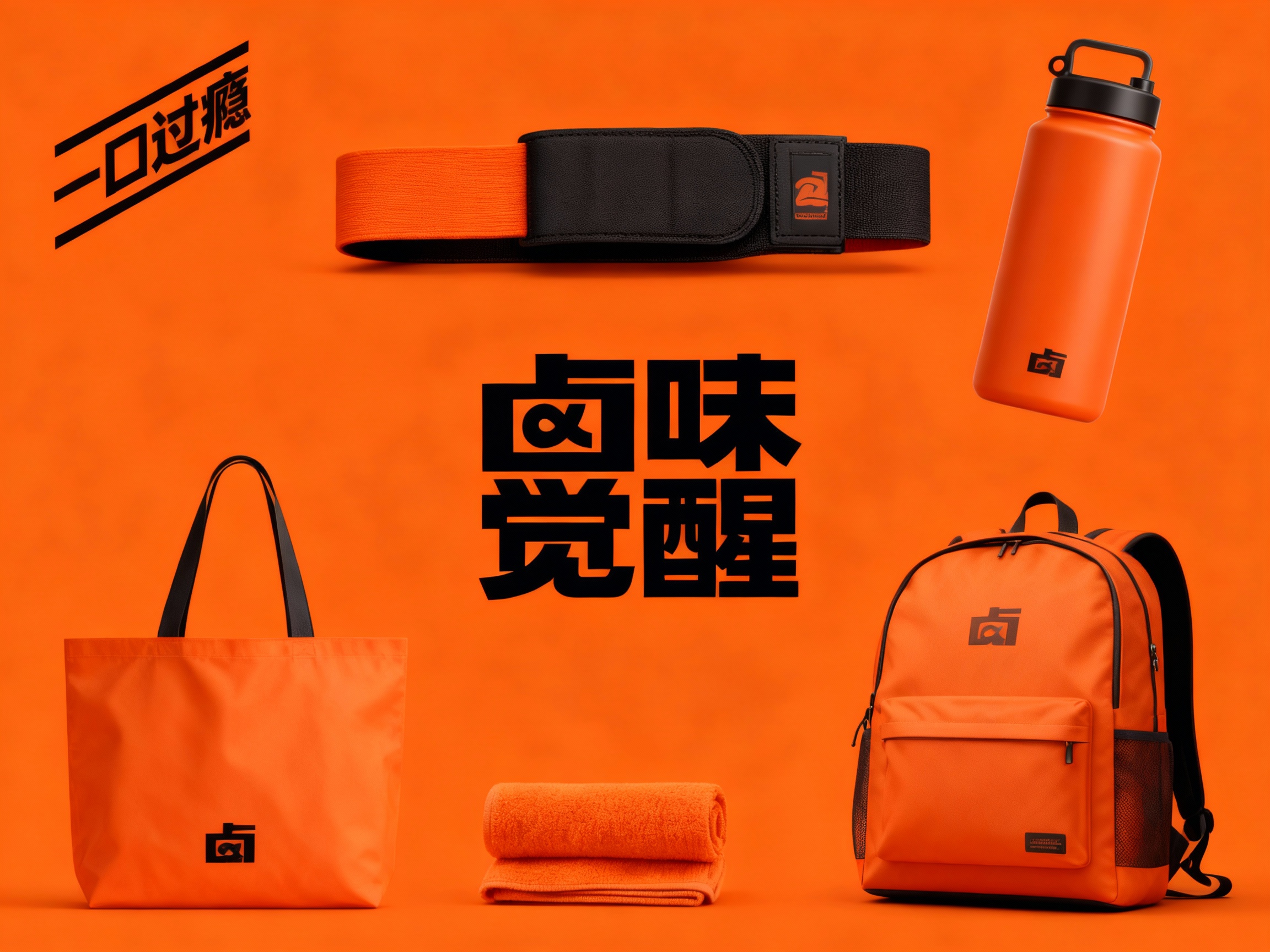 生成品牌周边展示图，如健身腰带、运动水壶、毛巾、运动手提袋、运动背包等，（将参考图中的LOGO 保持一致不要出现变形）延续#橙色在各周边产品上合理呈现，延续品牌主色，造型极简高级