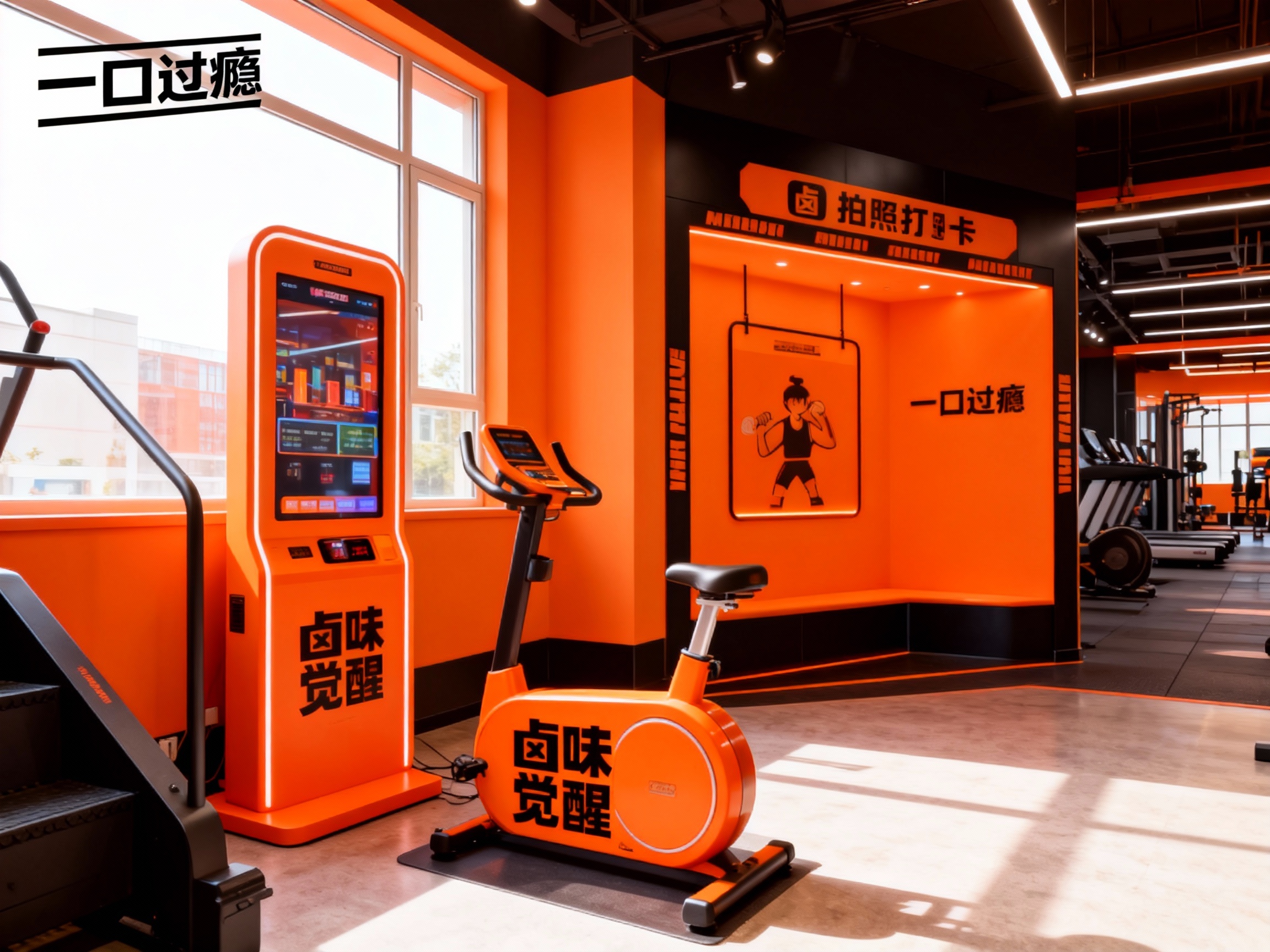 生成品牌体验区或健身店内场景，展示品牌互动装置或店内拍照打卡点，（将参考图中的LOGO及品牌色配色）融入场景装修或物件，环境充满活力有质感，光线明亮通透。