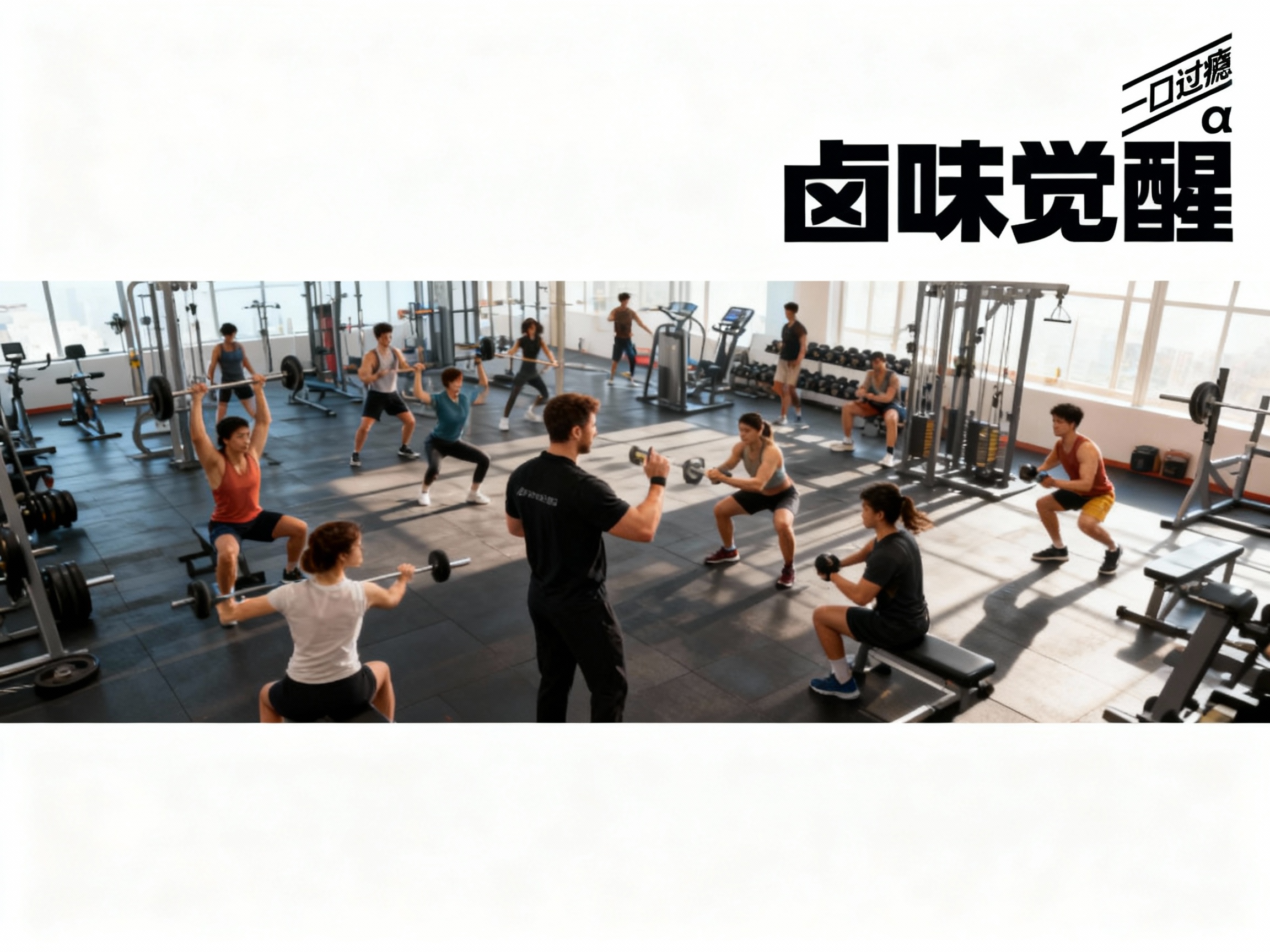 设计品牌宣传海报，画面干净，（将参考图中的LOGO ）位于左上角或右上角（根据实际情况设置），大师作品，电影海报，超高质量，超精细，高级英文排版，摄影，明亮光效，动感，俯视，远景，精致，简单，大面积留白，背景是健身教练指导学员锻炼的景象，充满活力感，超现实主义+精致主义 + 简单色块+鲜明配色+ 摄影艺术 + 细节丰富+ 封面美学 +延续#橙色背景+电影级照明，4k高清，排版简洁有视觉冲击力，符合社交平台分享特性。