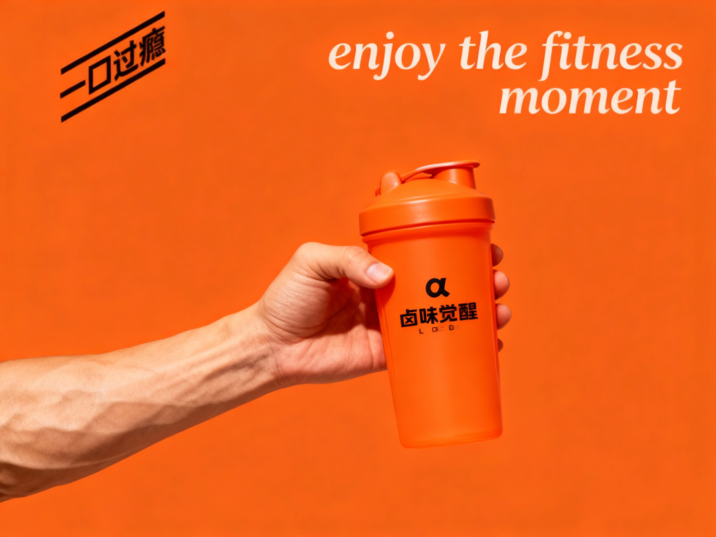 健身门店促销海报，以提供的主色调为背景底色，奠定活力且具质感的视觉基调。画面核心视觉为一只肌肉线条自然的手，握着一个印有（将参考图中的LOGO保持一致）的运动水壶上清晰可见，手和运动水壶比例协调，水壶简约无过多装饰，与背景形成鲜明色彩呼应，成为视觉焦点。海报上方，右侧用轻盈的英文书写 “enjoy the fitness moment” ，营造轻松邀请氛围 。文字排版规整，信息清晰易读，整体风格简约直接，精准传递健身门店活力、专业且注重品质的品牌形象 。