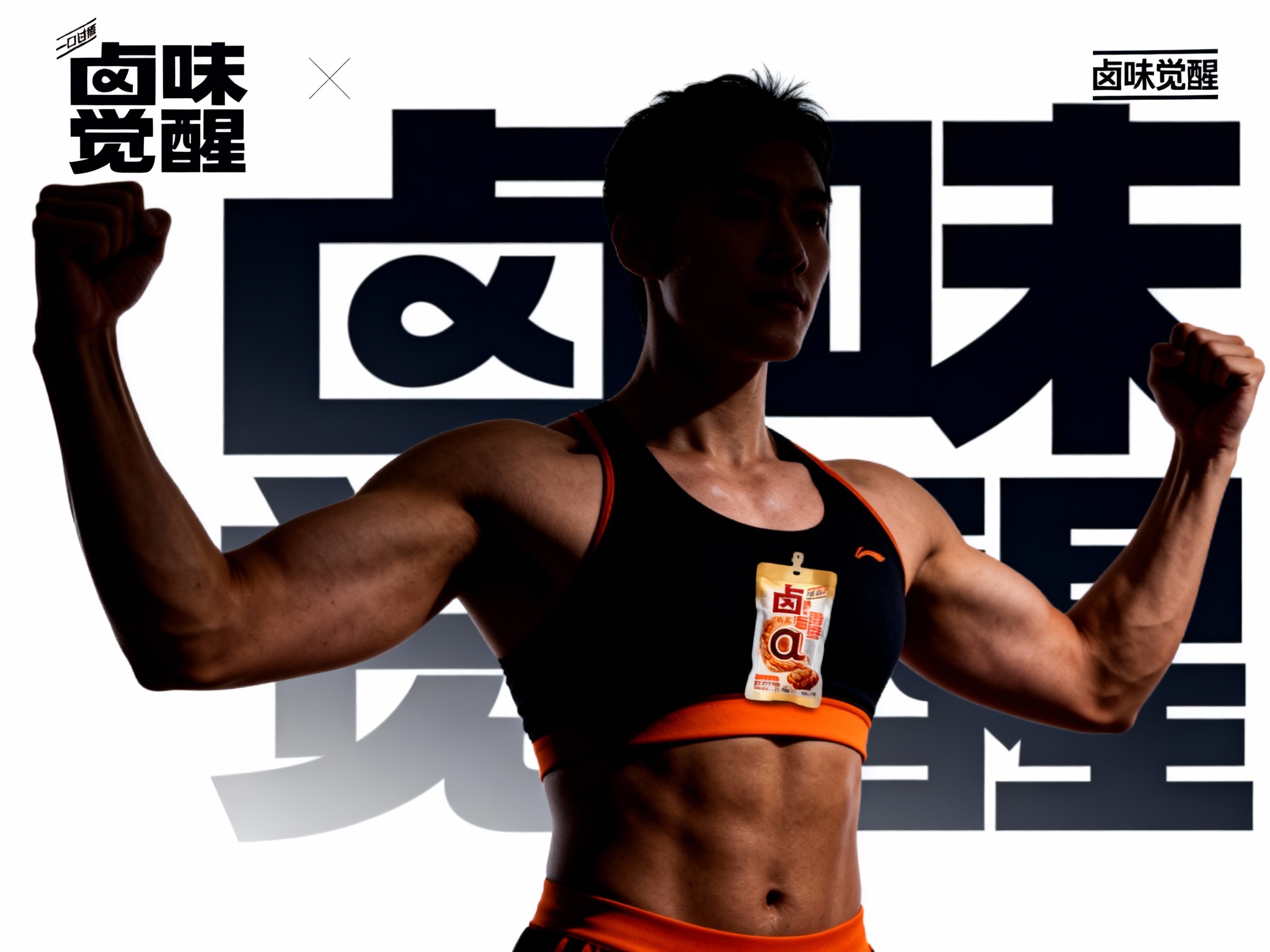 设计品牌海报，时尚剪影摄影风格，时尚大片，一个健身教练，穿着黑色搭配#橙色（将参考图中的LOGO）融入运动服装正在锻炼 ，（将参考图中的LOGO）位于左上角或右上角（根据实际情况设置不要遮挡人物），清晰的肌肉线条，肌肤真实细节，产品剪影，品牌色向白色渐变背景，特写镜头，平视视角，高清分辨率，高细节